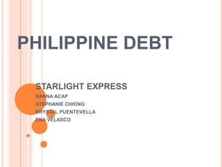 PHILIPPINE DEBT

 STARLIGHT EXPRESS
 DANNA ACAP
 STEPHANIE CHIONG
 KRYSTAL PUENTEVELLA
 ENA VELASCO
 