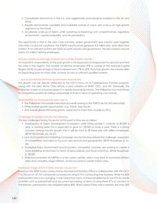 > Consolidate dominance in the U.S. and aggressively promote/grow footprint in the UK and
           APAC
         > Rapidly demonstrate capability and scalability outside of voice, with a focus on high-growth
           segments for the future
         > Accelerate scale-up of talent, while sustaining or improving cost competitiveness, regulatory
           environment, capital availability, and risk perceptions

      The opportunity is that in the best case scenario, where government and industry work together
      and other conducive conditions, the IT/BPO industry could generate 4.5 million jobs, both direct and
      indirect. If no sufficient actions are taken by both industry and government, the job creation may be
      below 2.5 million full-time employees.

      Industry creates increasingly employment outside of Metro Manila…
      An important characteristic of the past growth is the expansion of employment to second and third
      tier cities in the regions. The number of full-time employees (FTE’s) outside of the National Capital
      Region (NCR) as percentage of total increased from 17% to 25%. For future growth, the industry relies
      on expanding even to more cities, to have access to sufficient qualified workers.

      …due to partnership between government and industry
      This growth can be directly attributed to the CICT’s focus on its Cyberservices Corridor program,
      along with the Next Wave Cities efforts, a joint initiative of BPAP, CICT, and DTI. Generally, the
      Philippines is seen as a mature player in a rapidly expanding industry. The Philippines has maintained
      its competitive position by being comparable to India in terms of operating cost and risk.

      Opportunities for strong growth exists due to
        > The Philippines favourable international overall ranking in the IT/BPO sector (#2 after India)
        > Other market growth opportunities, e.g., EU/UK, Asia Pacific
        > And overall global offshoring growth, expected to more than double by 2016

      Challenges to address include the following
      The key challenges facing this sector at this point in time are as follows:
         > Inadequacy of Talent Development Ecosystem: while hiring uptake is currently at 80,000 a
            year, in coming years this is expected to grow to 130,000 or more a year. There is a strong
            concern among industry players that it will be hard to fill these jobs with skilled employees.
            (BPAP Roadmap, pp. 26-27)
         > Lack of a Coordinated Marketing Campaign: two factors exacerbate this challenge – expansion
            of competition, and need to focus on new services and geographies. (BPAP Roadmap, p. 41-
            43)
         > Outdated Policy Environment and Ecosystem: competitor countries are working to create a
            more enabling environment in terms of labor policies and fiscal incentives. (BPAP Roadmap,
            p. 30-33)
         > Over-concentration of IT/BPOs in a few urban centers, which may lead to increased attrition
            rates and unhealthy wage inflation, as has occurred in certain Indian cities.

      Increased Usage of ICTs in SMEs and key sub-sectors
      Based on the 2008 Survey conducted by the National Statistics Office in collaboration with the CICT,
      116,755 out of 137,747 companies surveyed are using ICTs in conducting their business. While this 85%
      participation rate is encouraging, it was noted that many of these establishments use ICTs for simple
      activities such as spreadsheet and document processing. In terms of using these ICTs to connect to
      the Internet, participation rate dropped below 80%. When asked if they had a website, less than 50%




140
 