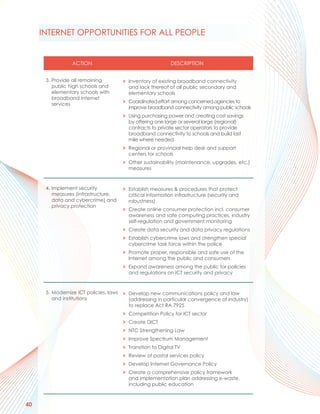 INTERNET OPPORTUNITIES FOR ALL PEOPLE


                ACTION                                    DESCRIPTION


      3. Provide all remaining       > Inventory of existing broadband connectivity
         public high schools and        and lack thereof of all public secondary and
         elementary schools with        elementary schools
         broadband Internet
                                     > Coordinated effort among concerned agencies to
         services
                                        improve broadband connectivity among public schools
                                     > Using purchasing power and creating cost savings
                                        by offering one large or several large (regional)
                                        contracts to private sector operators to provide
                                        broadband connectivity to schools and build last
                                        mile where needed
                                     > Regional or provincial help desk and support
                                        centers for schools
                                     > Other sustainability (maintenance, upgrades, etc.)
                                        measures


      4. Implement security          > Establish measures & procedures that protect
         measures (infrastructure,      critical information infrastructure (security and
         data and cybercrime) and       robustness)
         privacy protection
                                     > Create online consumer protection incl. consumer
                                        awareness and safe computing practices, industry
                                        self-regulation and government monitoring
                                     > Create data security and data privacy regulations
                                     > Establish cybercrime laws and strengthen special
                                        cybercrime task force within the police
                                     > Promote proper, responsible and safe use of the
                                        Internet among the public and consumers
                                     > Expand awareness among the public for policies
                                        and regulations on ICT security and privacy


      5. Modernize ICT policies, laws > Develop new communications policy and law
         and institutions               (addressing in particular convergence of industry)
                                        to replace Act RA 7925
                                     > Competition Policy for ICT sector
                                     > Create DICT
                                     > NTC Strengthening Law
                                     > Improve Spectrum Management
                                     > Transition to Digital TV
                                     > Review of postal services policy
                                     > Develop Internet Governance Policy
                                     > Create a comprehensive policy framework
                                        and implementation plan addressing e-waste,
                                        including public education



40
 