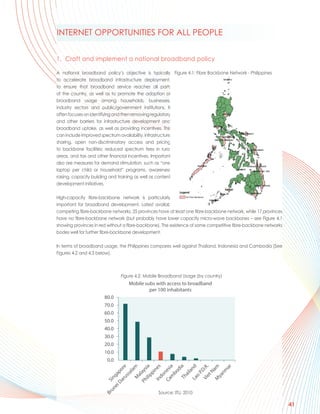 INTERNET OPPORTUNITIES FOR ALL PEOPLE


1. Craft and implement a national broadband policy

A national broadband policy’s objective is typically Figure 4.1: Fibre Backbone Network - Philippines
to accelerate broadband infrastructure deployment,
                                                           
to ensure that broadband service reaches all parts
of the country, as well as to promote the adoption of
broadband usage among households, businesses,
industry sectors and public/government institutions. It
often focuses on identifying and then removing regulatory
and other barriers for infrastructure development and
broadband uptake, as well as providing incentives. This
can include improved spectrum availability, infrastructure
sharing, open non-discriminatory access and pricing
to backbone facilities; reduced spectrum fees in rural
areas, and tax and other financial incentives. Important
also are measures for demand stimulation, such as “one
laptop per child or household” programs, awareness
raising, capacity building and training as well as content
development initiatives.

High-capacity fibre-backbone network is particularly
important for broadband development. Latest available data from 2009 shows that 38 provinces have two
competing fibre-backbone networks, 25 provinces have at least one fibre-backbone network, while 17 provinces
have no fibre-backbone network (but probably have lower capacity micro-wave backbones – see Figure 4.1
showing provinces in red without a fibre-backbone). The existence of some competitive fibre-backbone networks
bodes well for further fibre-backbone development.

In terms of broadband usage, the Philippines compares well against Thailand, Indonesia and Cambodia (See
Figures 4.2 and 4.3 below).



                               Figure 4.2: Mobile Broadband Usage (by country)
                                  Mobile subs with access to broadband
                                           per 100 inhabitants
                       80.0
                       70.0
                       60.0
                       50.0
                       40.0
                       30.0
                       20.0
                       10.0
                        0.0
                          M m




                             et .
                         M am
                           ilip ia
                        In nes

                            m a

                          Th ia




                                      ar
                         La nd
                         ru re




                         Vi D.R
                        Ca esi
                       Ph ays




                                    d




                                nm
                                    a
                       Da apo




                                 la
                               bo
                                 al




                                 N
                                pi




                                P.
                                n



                               ai
                              ss

                              al



                            do




                             ya
                             o
                          ng
                        Si
                          ei
                         un




                                                 Source: ITU, 2010
                       Br




                                                                                                                41
 