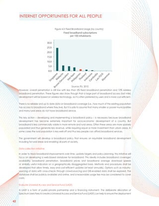 INTERNET OPPORTUNITIES FOR ALL PEOPLE

                                         Figure 4.3: Fixed Broadband Usage (by country)
                                                 Fixed broadband subscriptions
                                                       per 100 inhabitants

                                  30.0
                                  25.0
                                  20.0
                                  15.0
                                  10.0
                                   5.0
                                   0.0
                                               ilip m




                                                 ya .
                                             ru ia




                                              Th es



                                                m a
                                             La dia



                                                          ar
                                                        am




                                            In and
                                              M re




                                                         .R
                                            Ca esi
                                           Da ays




                                                    nm
                                           Ph Na
                                                       o




                                                       n




                                                    P.D
                                                   bo
                                                     al
                                                   ap




                                                    pi

                                                     l

                                                    n
                                                   ai
                                                  ss
                                                  al




                                                do
                                                 et




                                                 o
                                              ng




                                             Vi




                                             M
                                            Si


                                        ei
                                     un




                                                         Source: ITU, 2010
                                  Br




     However, overall penetration is still low with less than 5% fixed broadband penetration and 10% wireless
     broadband penetration. These figures also show though that a large part of broadband access (last mile)
     development will be based on wireless technology, as it is often preferred by users and is more cost-efficient.

     There is no reliable and up to date data on broadband coverage (i.e., how much of the existing population
     has access to broadband where they live). But it is safe to assume that many smaller or poorer municipalities
     and many rural areas do not have broadband service.

     This key action – developing and implementing a broadband policy – is necessary because broadband
     development has become extremely important for socio-economic development of a country. But
     broadband is less commercially viable in more remote and rural areas. Often these areas are more sparsely
     populated and thus generate less revenue, while requiring equal or more investment than urban areas. In
     some cases the rural population is less well-off and thus less people can afford broadband services.

     The government will develop a broadband policy that ensures an equitable broadband development
     including for rural areas and enabling all parts of society.

     Data collection initiative

     In order to track broadband improvements over time, update targets and policy planning, this initiative will
     focus on developing a web-based database for broadband. This ideally includes broadband coverage/
     availability, broadband penetration, broadband prices and broadband average download speeds
     or similarly useful indicators on a geographically disaggregated basis. Methods and procedures shall be
     developed that allow timely, easy and cost-efficient updates (at least annually). Options such as industry-
     sourcing of data with cross-checks through crowd-sourcing and GIS-enabled data shall be explored. The
     database shall be publicly available and online, and a reasonable usage fee may be considered to cover
     costs.

     Evaluate Universal Access and Service Fund (UASF).

     A UASF is a form of public-private partnership and a financing instrument. The deliberate allocation of
     Spectrum Users Fees to create a Universal Access and Service Fund (UASF) can help to ensure the deployment


42
 