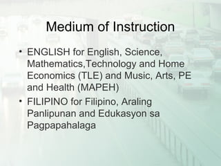 Medium of Instruction
• ENGLISH for English, Science,
Mathematics,Technology and Home
Economics (TLE) and Music, Arts, PE
and Health (MAPEH)
• FILIPINO for Filipino, Araling
Panlipunan and Edukasyon sa
Pagpapahalaga
 