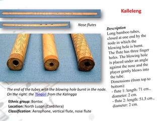 KallelengNose flutesDescriptionLong bamboo tubes, closed at one end by the node in which the blowing hole is burnt. The flute has three finger holes. The blowing hole is placed under an angle against the nose and the player gently blows into the tube.Dimensions (from top to bottom):- flute 1: length: 71 cm., diameter: 2 cm.- flute 2: length: 51,5 cm., diameter: 2 cm.The end of the tubes with the blowing hole burnt in the node.On the right: the Tongali from the KalinggaEthnic group: BontocLocation: North Luzon (Cordillera)Classification: Aerophone, vertical flute, nose flute