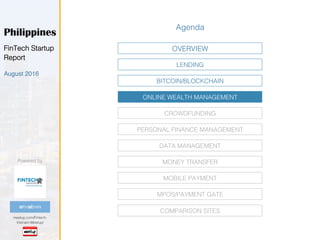 Powered by!
meetup.com/Fintech-
Vietnam-Meetup/!
@FintechVN!
Philippines
FinTech Startup
Report!
August 2016
LENDING!
BITCOIN/BLOCKCHAIN!
MPOS/PAYMENT GATE!
CROWDFUNDING!
PERSONAL FINANCE MANAGEMENT!
MOBILE PAYMENT!
OVERVIEW!
DATA MANAGEMENT!
MONEY TRANSFER!
Agenda!
ONLINE WEALTH MANAGEMENT!
COMPARISON SITES!
 