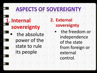 1.Internal
sovereignty
 the absolute
power of the
state to rule
its people
2. External
sovereignty
 the freedom or
independence
of the state
from foreign or
external
control.
 
