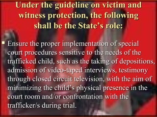 Under the guideline on victim and
witness protection, the following
shall be the State’s role:


Ensure the proper implem...