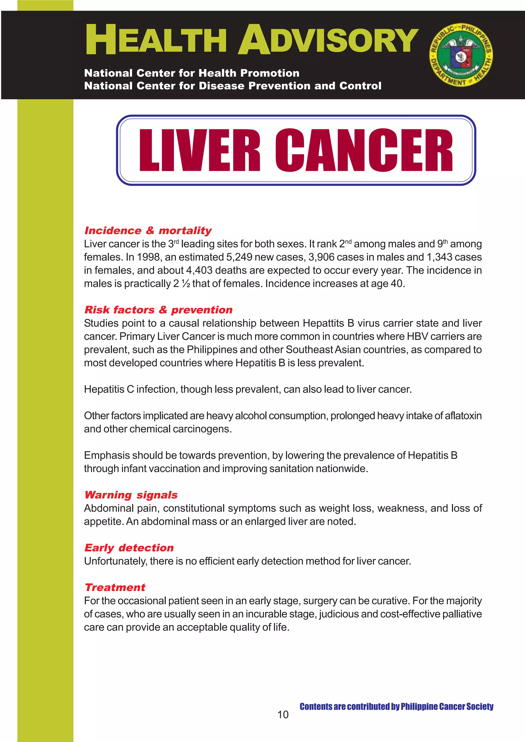 HEALTH ADVISORY
National Center for Health Promotion
National Center for Disease Prevention and Control




            LIVER CANCER
Incidence & mortality
Liver cancer is the 3rd leading sites for both sexes. It rank 2nd among males and 9th among
females. In 1998, an estimated 5,249 new cases, 3,906 cases in males and 1,343 cases
in females, and about 4,403 deaths are expected to occur every year. The incidence in
males is practically 2 ½ that of females. Incidence increases at age 40.

Risk factors & prevention
Studies point to a causal relationship between Hepattits B virus carrier state and liver
cancer. Primary Liver Cancer is much more common in countries where HBV carriers are
prevalent, such as the Philippines and other Southeast Asian countries, as compared to
most developed countries where Hepatitis B is less prevalent.

Hepatitis C infection, though less prevalent, can also lead to liver cancer.

Other factors implicated are heavy alcohol consumption, prolonged heavy intake of aflatoxin
and other chemical carcinogens.

Emphasis should be towards prevention, by lowering the prevalence of Hepatitis B
through infant vaccination and improving sanitation nationwide.

Warning signals
Abdominal pain, constitutional symptoms such as weight loss, weakness, and loss of
appetite. An abdominal mass or an enlarged liver are noted.

Early detection
Unfortunately, there is no efficient early detection method for liver cancer.

Treatment
For the occasional patient seen in an early stage, surgery can be curative. For the majority
of cases, who are usually seen in an incurable stage, judicious and cost-effective palliative
care can provide an acceptable quality of life.




                                                  Contents are contributed by Philippine Cancer Society
                                             10
 