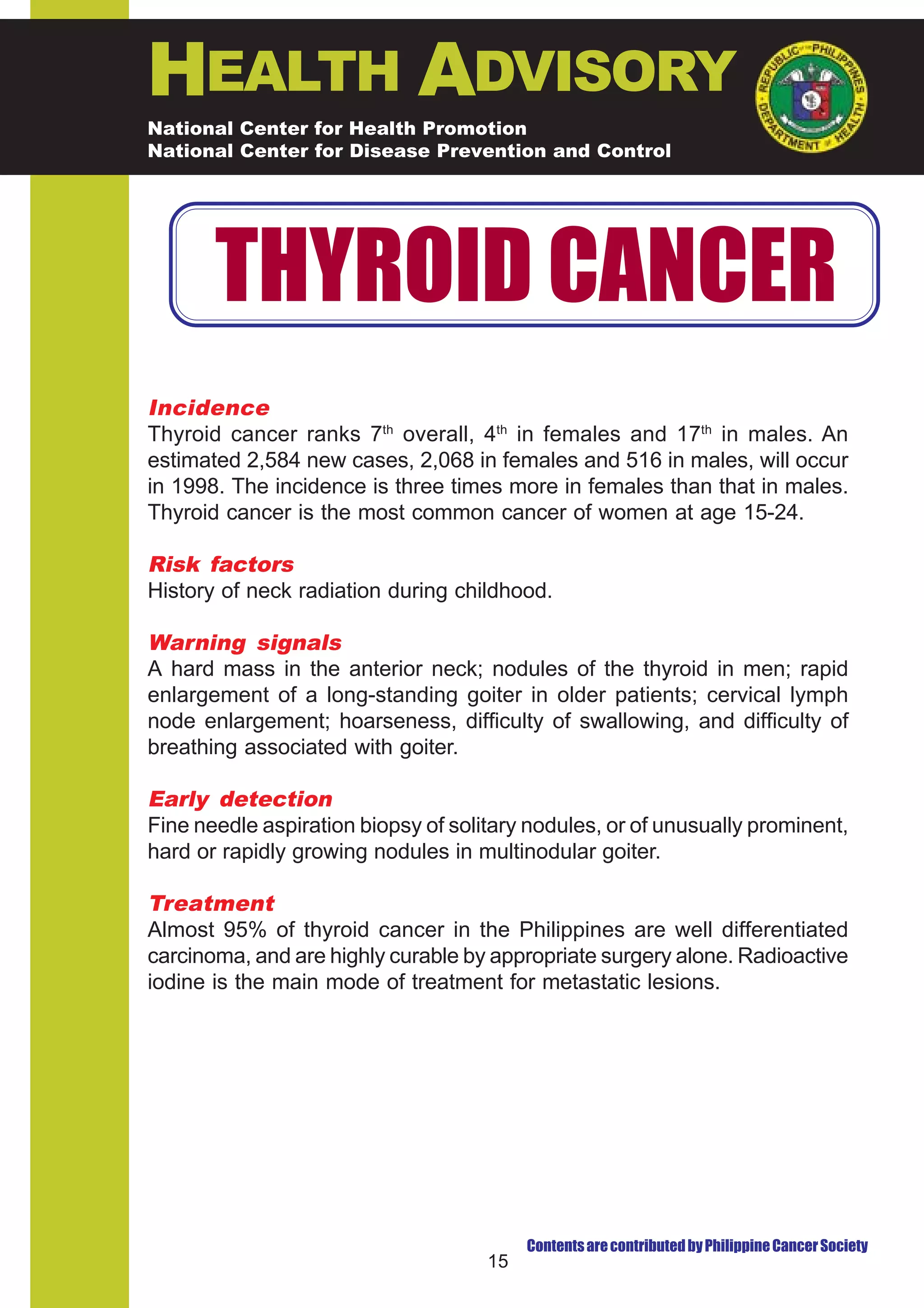 HEALTH ADVISORY
National Center for Health Promotion
National Center for Disease Prevention and Control




       THYROID CANCER
Incidence
Thyroid cancer ranks 7th overall, 4th in females and 17th in males. An
estimated 2,584 new cases, 2,068 in females and 516 in males, will occur
in 1998. The incidence is three times more in females than that in males.
Thyroid cancer is the most common cancer of women at age 15-24.

Risk factors
History of neck radiation during childhood.

Warning signals
A hard mass in the anterior neck; nodules of the thyroid in men; rapid
enlargement of a long-standing goiter in older patients; cervical lymph
node enlargement; hoarseness, difficulty of swallowing, and difficulty of
breathing associated with goiter.

Early detection
Fine needle aspiration biopsy of solitary nodules, or of unusually prominent,
hard or rapidly growing nodules in multinodular goiter.

Treatment
Almost 95% of thyroid cancer in the Philippines are well differentiated
carcinoma, and are highly curable by appropriate surgery alone. Radioactive
iodine is the main mode of treatment for metastatic lesions.




                                          Contents are contributed by Philippine Cancer Society
                                     15
 