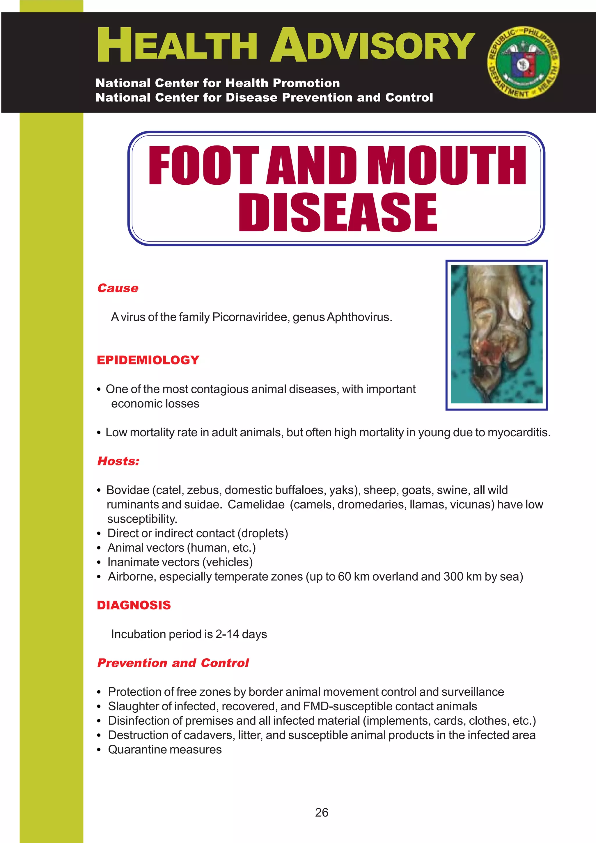 HEALTH ADVISORY
National Center for Health Promotion
National Center for Disease Prevention and Control




           FOOT AND MOUTH
              DISEASE
Cause

    A virus of the family Picornaviridee, genus Aphthovirus.


EPIDEMIOLOGY

• One of the most contagious animal diseases, with important
   economic losses

• Low mortality rate in adult animals, but often high mortality in young due to myocarditis.

Hosts:

• Bovidae (catel, zebus, domestic buffaloes, yaks), sheep, goats, swine, all wild
  ruminants and suidae. Camelidae (camels, dromedaries, llamas, vicunas) have low
  susceptibility.
• Direct or indirect contact (droplets)
• Animal vectors (human, etc.)
• Inanimate vectors (vehicles)
• Airborne, especially temperate zones (up to 60 km overland and 300 km by sea)

DIAGNOSIS

    Incubation period is 2-14 days

Prevention and Control

•   Protection of free zones by border animal movement control and surveillance
•   Slaughter of infected, recovered, and FMD-susceptible contact animals
•   Disinfection of premises and all infected material (implements, cards, clothes, etc.)
•   Destruction of cadavers, litter, and susceptible animal products in the infected area
•   Quarantine measures




                                             26
 