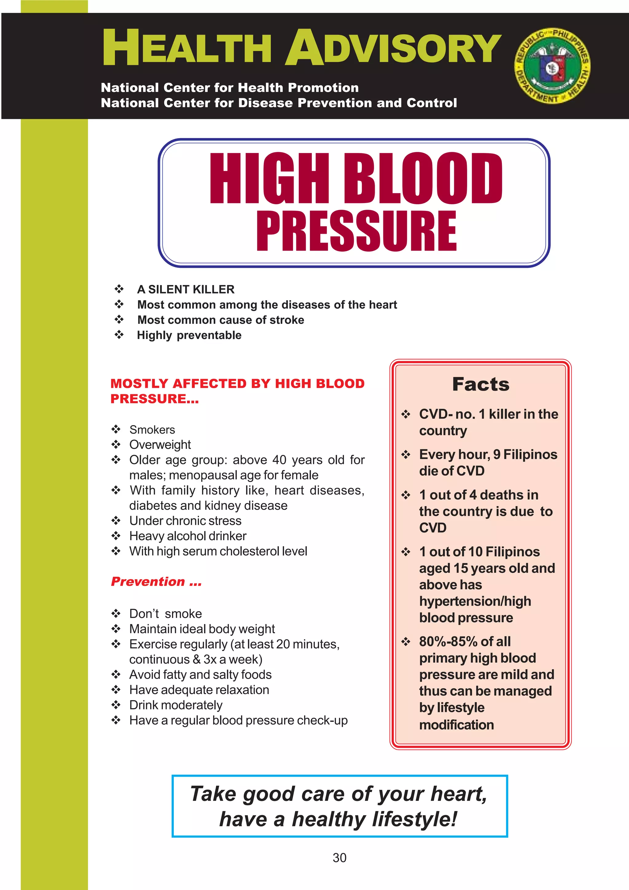HEALTH ADVISORY
National Center for Health Promotion
National Center for Disease Prevention and Control




                  HIGH BLOOD
                          PRESSURE
 "   A SILENT KILLER
 "   Most common among the diseases of the heart
 "   Most common cause of stroke
 "   Highly preventable



 MOSTLY AFFECTED BY HIGH BLOOD                             Facts
 PRESSURE...
                                                   " CVD- no. 1 killer in the
 " Smokers                                            country
 " Overweight
 " Older age group: above 40 years old for         " Every hour, 9 Filipinos
   males; menopausal age for female                   die of CVD
 " With family history like, heart diseases,       " 1 out of 4 deaths in
   diabetes and kidney disease                        the country is due to
 " Under chronic stress
                                                      CVD
 " Heavy alcohol drinker
 " With high serum cholesterol level               " 1 out of 10 Filipinos
                                                      aged 15 years old and
 Prevention ...                                       above has
                                                      hypertension/high
 " Don’t smoke                                        blood pressure
 " Maintain ideal body weight
 " Exercise regularly (at least 20 minutes,        " 80%-85% of all
   continuous & 3x a week)                            primary high blood
 " Avoid fatty and salty foods                        pressure are mild and
 " Have adequate relaxation                           thus can be managed
 " Drink moderately                                   by lifestyle
 " Have a regular blood pressure check-up             modification




              Take good care of your heart,
                 have a healthy lifestyle!
                                        30
 