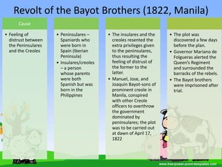 Revolt of the Bayot Brothers (1822, Manila)
Cause
• Feeling of
distrust between
the Peninsulares
and the Creoles
• Peninsulares –
Spaniards who
were born in
Spain (Iberian
Peninsula)
• Insulares/creoles
– a person
whose parents
were both
Spanish but was
born in the
Philippines
• The insulares and the
creoles resented the
extra privileges given
to the peninsulares,
thus resulting the
feeling of distrust of
the former to the
latter.
• Manuel, Jose, and
Joaquin Bayot-sons of
prominent creole in
Manila, conspired
with other Creole
officers to overthrow
the government
dominated by
peninsulares; the plot
was to be carried out
at dawn of April 17,
1822
• The plot was
discovered a few days
before the plan.
• Governor Mariano de
Folgueras alerted the
Queen’s Regiment
and surrounded the
barracks of the rebels.
• The Bayot brothers
were imprisoned after
trial.
 