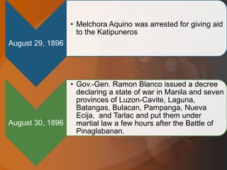 August 29, 1896
• Melchora Aquino was arrested for giving aid
to the Katipuneros
August 30, 1896
• Gov.-Gen. Ramon Blanco issued a decree
declaring a state of war in Manila and seven
provinces of Luzon-Cavite, Laguna,
Batangas, Bulacan, Pampanga, Nueva
Ecija, and Tarlac and put them under
martial law a few hours after the Battle of
Pinaglabanan.
 