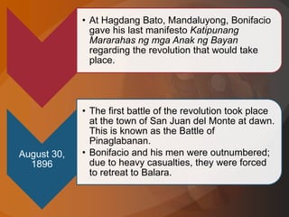 • At Hagdang Bato, Mandaluyong, Bonifacio
gave his last manifesto Katipunang
Mararahas ng mga Anak ng Bayan
regarding the revolution that would take
place.
August 30,
1896
• The first battle of the revolution took place
at the town of San Juan del Monte at dawn.
This is known as the Battle of
Pinaglabanan.
• Bonifacio and his men were outnumbered;
due to heavy casualties, they were forced
to retreat to Balara.
 