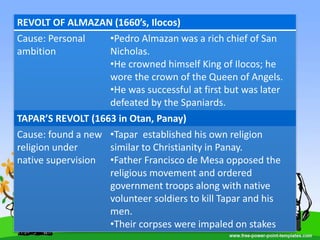 REVOLT OF ALMAZAN (1660’s, Ilocos)
Cause: Personal
ambition
•Pedro Almazan was a rich chief of San
Nicholas.
•He crowned himself King of Ilocos; he
wore the crown of the Queen of Angels.
•He was successful at first but was later
defeated by the Spaniards.
TAPAR’S REVOLT (1663 in Otan, Panay)
Cause: found a new
religion under
native supervision
•Tapar established his own religion
similar to Christianity in Panay.
•Father Francisco de Mesa opposed the
religious movement and ordered
government troops along with native
volunteer soldiers to kill Tapar and his
men.
•Their corpses were impaled on stakes
 
