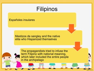 Españoles insulares
Mestizos de sangley and the native
elite who Hispanized themselves
The propagandists tried to infuse the
term Filipino with national meaning,
which later included the entire people
in the archipelago
Filipinos
 