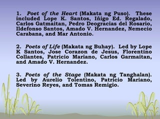 1. Poet of the Heart (Makata ng Puso). These
included Lope K. Santos, Iñigo Ed. Regalado,
Carlos Gatmaitan, Pedro Deogracias del Rosario,
Ildefonso Santos, Amado V. Hernandez, Nemecio
Carabana, and Mar Antonio.
2. Poets of Life (Makata ng Buhay). Led by Lope
K Santos, Jose Corazon de Jesus, Florentino
Collantes, Patricio Mariano, Carlos Garmaitan,
and Amado V. Hernandez.
3. Poets of the Stage (Makata ng Tanghalan).
Led by Aurelio Tolentino, Patricio Mariano,
Severino Reyes, and Tomas Remigio.
 
