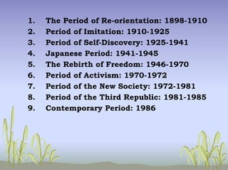 1. The Period of Re-orientation: 1898-1910
2. Period of Imitation: 1910-1925
3. Period of Self-Discovery: 1925-1941
4. Japanese Period: 1941-1945
5. The Rebirth of Freedom: 1946-1970
6. Period of Activism: 1970-1972
7. Period of the New Society: 1972-1981
8. Period of the Third Republic: 1981-1985
9. Contemporary Period: 1986
 