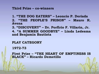 Third Prize – co-winners
1. “THE DOG EATERS” – Leoncio P. Deriada
2. “THE PEOPLE’S PRISON” – Mauro R.
Avena
3. “DISCOVERY” – Dr. Porfirio F. Villarin, Jr.
4. “A SUMMER GOODBYE” – Linda Ledesma
and Benjamin Bautista
PLAY CATEGORY
1972-73
First Prize – “THE HEART OF EMPTINESS IS
BLACK” – Ricardo Demetillo
 