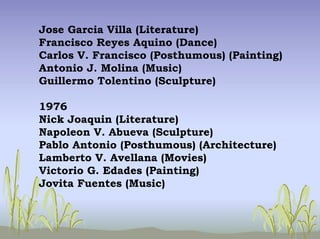 Jose Garcia Villa (Literature)
Francisco Reyes Aquino (Dance)
Carlos V. Francisco (Posthumous) (Painting)
Antonio J. Molina (Music)
Guillermo Tolentino (Sculpture)
1976
Nick Joaquin (Literature)
Napoleon V. Abueva (Sculpture)
Pablo Antonio (Posthumous) (Architecture)
Lamberto V. Avellana (Movies)
Victorio G. Edades (Painting)
Jovita Fuentes (Music)
 