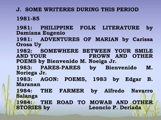 J. SOME WRITERES DURING THIS PERIOD
1981-85
1981: PHILIPPINE FOLK LITERATURE by
Damiana Eugenio
1981: ADVENTURES OF MARIAN by Carissa
Orosa Uy
1982: SOMEWHERE BETWEEN YOUR SMILE
AND YOUR FROWN AND OTHER
POEMS by Bienvenido M. Noeiga Jr.
1983: PARES-PARES by Bienvenido M.
Noriega Jr.
1983: AGON: POEMS, 1983 by Edgar B.
Maranan
1984: THE FARMER by Alfredo Navarro
Salanga
1984: THE ROAD TO MOWAB AND OTHER
STORIES by Leoncio P. Deriada
 