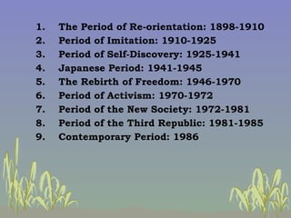 <ul><li>1.  The Period of Re-orientation: 1898-1910 </li></ul><ul><li>2.  Period of Imitation: 1910-1925   </li></ul><ul><...