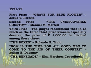 1971-72 First Prize – “GRAVE FOR BLUE FLOWER” – Jesus T. Peralta Second Prize – “THE UNDISCOVERED COUNTRY” – Manuel M. Mar...