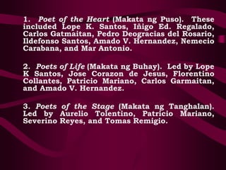 1. Poet of the Heart (Makata ng Puso). These
included Lope K. Santos, Iñigo Ed. Regalado,
Carlos Gatmaitan, Pedro Deogracias del Rosario,
Ildefonso Santos, Amado V. Hernandez, Nemecio
Carabana, and Mar Antonio.
2. Poets of Life (Makata ng Buhay). Led by Lope
K Santos, Jose Corazon de Jesus, Florentino
Collantes, Patricio Mariano, Carlos Garmaitan,
and Amado V. Hernandez.
3. Poets of the Stage (Makata ng Tanghalan).
Led by Aurelio Tolentino, Patricio Mariano,
Severino Reyes, and Tomas Remigio.
 