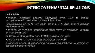 INTERGOVERNMENTAL RELATIONS
NG & LGUs
•President exercises general supervision over LGUs to ensure
compliance with prescribed powers & functions
•Coordination of NGAs with each other & with LGUs prior to project
implementation
•Provision for financial, technical or other forms of assistance to LGUs
without extra cost
•Submission of monthly reports to LCEs by NGA field units
•Duty of NGAs to maintain local ecological balance
•Prior consultations & Sanggunian approval required prior to project or
program implementation
 