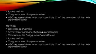 • Appropriations
• Congressman or his representative
• NGO representatives who shall constitute ¼ of the members of the fully
organized council
Province:
• Governor as chairman
• All mayors of component cities & municipalities
• Chairman of the Sanggunian Committee on
• Appropriations
• Congressman or his representative
• NGO representatives who shall constitute ¼ of the members of the fully
organized council
 