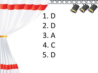 1. D
2. D
3. A
4. C
5. D
 