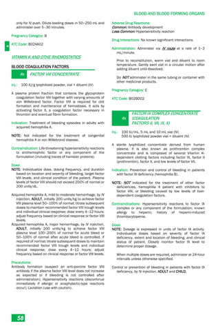 B
BLOOD AND BLOOD FORMING ORGANS
58
only for IV push. Dilute loading doses in 50–250 mL and
administer over 5–30 minutes.
Pregnancy Category: B
ATC Code: B02AA02
VITAMIN K AND OTHE RHEMOSTATICS
BLOOD COAGULATION FACTORS
Rx FACTOR VIII CONCENTRATE
Inj.: 100 IU/g lyophilized powder, vial + diluent (IV)
A plasma protein fraction that contains the glycoprotein
coagulation factor VIII together with varying amounts of
von Willebrand factor. Factor VIII is required for clot
formation and maintenance of hemostasis. It acts by
activating factor X, a coagulation factor necessary in
thrombin and eventual fibrin formation.
Indication: Treatment of bleeding episodes in adults with
acquired hemophilia A.
NOTE: Not indicated for the treatment of congenital
hemophilia A or von Willebrand disease.
Contraindication: Life-threatening hypersensitivity reactions
to antihemophilic factor or any component of the
formulation (including traces of hamster proteins).
Dose:
NOTE: Individualize dose, dosing frequency, and duration
based on location and severity of bleeding, target factor
VIII levels, and clinical condition of the patient. Plasma
levels of factor VIII should not exceed 200% of normal or
200 units/dL.
Acquired hemophilia A, mild to moderate hemorrhage, by IV
injection, ADULT, initially 200 units/kg to achieve factor
VIII plasma level 50–100% of normal; titrate subsequent
doses to maintain recommended factor VIII trough levels
and individual clinical response; dose every 4–12 hours;
adjust frequency based on clinical response or factor VIII
levels.
Acquired hemophilia A, major hemorrhage, by IV injection,
ADULT, initially 200 units/kg to achieve factor VIII
plasma level 100–200% of normal for acute bleed or
50–100% of normal after acute bleed is controlled, if
required of normal; titrate subsequent doses to maintain
recommended factor VIII trough levels and individual
clinical response; dose every 4–12 hours; adjust
frequency based on clinical response or factor VIII levels.
Precautions:
Antibody formation (suspect an anti-porcine factor VIII
antibody if the plasma factor VIII level does not increase
as expected or if bleeding is not controlled after
administration); Hypersensitivity reactions (discontinue
immediately if allergic or anaphylactic-type reactions
occur); Lactation (use with caution).
Adverse Drug Reactions:
Common: Antibody development
Less Common: Hypersensitivity reaction
Drug Interactions: No known significant interactions
Administration: Administer via IV route at a rate of 1–2
mL/minute.
Prior to reconstitution, warm vial and diluent to room
temperature. Gently swirl vial in a circular motion after
adding diluent until dissolved.
Do NOT administer in the same tubing or container with
other medicinal products.
Pregnancy Category: C
ATC Code: B02BD02
Rx
FACTOR IX COMPLEX CONCENTRATE
(COAGULATION
FACTORS II, VII, IX, X)
Inj.: 100 IU/mL, 5 mL and 10 mL vial (IV)
500 IU lyophilized powder vial + diluent (IV)
A sterile lyophilized concentrate derived from human
plasma. It is also known as prothrombin complex
concentrate and is composed of several Vitamin K-
dependent clotting factors including factor IX, factor II
(prothrombin), factor X, and low levels of factor VII.
Indication: Prevention and control of bleeding in patients
with factor IX deficiency (hemophilia B).
NOTE: NOT indicated for the treatment of other factor
deficiencies, hemophilia A patient with inhibitors to
factor VIII, or bleeding caused by low levels of liver-
dependent coagulation factors.
Contraindications: Hypersensitivity reactions to factor IX
complex or any component of the formulation; known
allergy to heparin; history of heparin-induced
thrombocytopenia.
Dose:
NOTE: Dosage is expressed in units of factor IX activity.
Individualize doses based on severity of factor IX
deficiency, extent and location of bleeding, and clinical
status of patient. Closely monitor factor IX level to
determine proper dosage.
When multiple doses are required, administer at 24-hour
intervals unless otherwise specified.
Control or prevention of bleeding in patients with factor IX
deficiency, by IV injection, ADULT and CHILD,
 