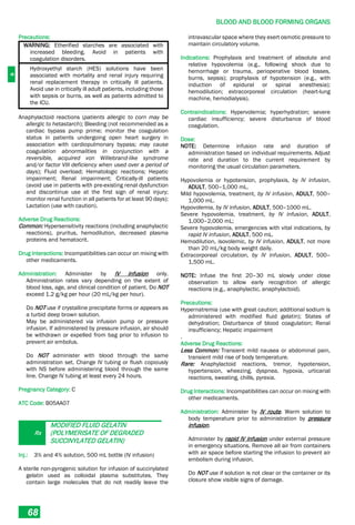 B
BLOOD AND BLOOD FORMING ORGANS
68
Precautions:
WARNING: Etherified starches are associated with
increased bleeding. Avoid in patients with
coagulation disorders.
Hydroxyethyl starch (HES) solutions have been
associated with mortality and renal injury requiring
renal replacement therapy in critically ill patients.
Avoid use in critically ill adult patients, including those
with sepsis or burns, as well as patients admitted to
the ICU.
Anaphylactoid reactions (patients allergic to corn may be
allergic to hetastarch); Bleeding (not recommended as a
cardiac bypass pump prime; monitor the coagulation
status in patients undergoing open heart surgery in
association with cardiopulmonary bypass; may cause
coagulation abnormalities in conjunction with a
reversible, acquired von Willebrand-like syndrome
and/or factor VIII deficiency when used over a period of
days); Fluid overload; Hematologic reactions; Hepatic
impairment; Renal impairment; Critically-ill patients
(avoid use in patients with pre­existing renal dysfunction
and discontinue use at the first sign of renal injury;
monitor renal function in all patients for at least 90 days);
Lactation (use with caution).
Adverse Drug Reactions:
Common: Hypersensitivity reactions (including anaphylactic
reactions), pruritus, hemodilution, decreased plasma
proteins and hematocrit.
Drug Interactions: Incompatibilities can occur on mixing with
other medicaments.
Administration: Administer by IV infusion only.
Administration rates vary depending on the extent of
blood loss, age, and clinical condition of patient. Do NOT
exceed 1.2 g/kg per hour (20 mL/kg per hour).
Do NOT use if crystalline precipitate forms or appears as
a turbid deep brown solution.
May be administered via infusion pump or pressure
infusion. If administered by pressure infusion, air should
be withdrawn or expelled from bag prior to infusion to
prevent air embolus.
Do NOT administer with blood through the same
administration set. Change IV tubing or flush copiously
with NS before administering blood through the same
line. Change IV tubing at least every 24 hours.
Pregnancy Category: C
ATC Code: B05AA07
Rx
MODIFIED FLUID GELATIN
(POLYMERISATE OF DEGRADED
SUCCINYLATED GELATIN)
Inj.: 3% and 4% solution, 500 mL bottle (IV infusion)
A sterile non-pyrogenic solution for infusion of succinylated
gelatin used as colloidal plasma substitutes. They
contain large molecules that do not readily leave the
intravascular space where they exert osmotic pressure to
maintain circulatory volume.
Indications: Prophylaxis and treatment of absolute and
relative hypovolemia (e.g., following shock due to
hemorrhage or trauma, perioperative blood losses,
burns, sepsis); prophylaxis of hypotension (e.g., with
induction of epidural or spinal anesthesia);
hemodilution; extracorporeal circulation (heart-lung
machine, hemodialysis).
Contraindications: Hypervolemia; hyperhydration; severe
cardiac insufficiency; severe disturbance of blood
coagulation.
Dose:
NOTE: Determine infusion rate and duration of
administration based on individual requirements. Adjust
rate and duration to the current requirement by
monitoring the usual circulation parameters.
Hypovolemia or hypotension, prophylaxis, by IV infusion,
ADULT, 500–1,000 mL.
Mild hypovolemia, treatment, by IV infusion, ADULT, 500–
1,000 mL.
Hypovolemia, by IV infusion, ADULT, 500–1000 mL.
Severe hypovolemia, treatment, by IV infusion, ADULT,
1,000–2,000 mL;
Severe hypovolemia, emergencies with vital indications, by
rapid IV infusion, ADULT, 500 mL.
Hemodilution, isovolemic, by IV infusion, ADULT, not more
than 20 mL/kg body weight daily.
Extracorporeal circulation, by IV infusion, ADULT, 500–
1,500 mL.
NOTE: Infuse the first 20–30 mL slowly under close
observation to allow early recognition of allergic
reactions (e.g., anaphylactic, anaphylactoid).
Precautions:
Hypernatremia (use with great caution; additional sodium is
administered with modified fluid gelatin); States of
dehydration; Disturbance of blood coagulation; Renal
insufficiency; Hepatic impairment
.
Adverse Drug Reactions:
Less Common: Transient mild nausea or abdominal pain,
transient mild rise of body temperature.
Rare: Anaphylactoid reactions, tremor, hypotension,
hypertension, wheezing, dyspnea, hypoxia, urticarial
reactions, sweating, chills, pyrexia.
Drug Interactions: Incompatibilities can occur on mixing with
other medicaments.
Administration: Administer by IV route. Warm solution to
body temperature prior to administration by pressure
infusion.
Administer by rapid IV infusion under external pressure
in emergency situations. Remove all air from containers
with air space before starting the infusion to prevent air
embolism during infusion.
Do NOT use if solution is not clear or the container or its
closure show visible signs of damage.
 