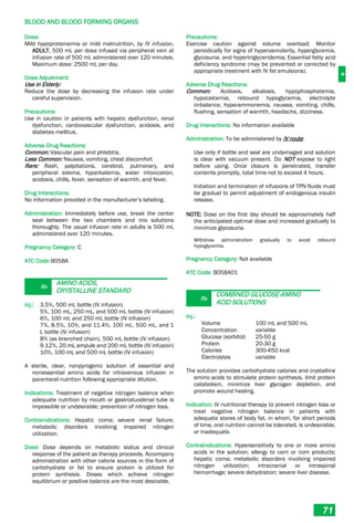 B
BLOOD AND BLOOD FORMING ORGANS
71
Dose:
Mild hypoproteinemia or mild malnutrition, by IV infusion,
ADULT, 500 mL per dose infused via peripheral vein at
infusion rate of 500 mL administered over 120 minutes.
Maximum dose: 2500 mL per day.
Dose Adjustment:
Use in Elderly:
Reduce the dose by decreasing the infusion rate under
careful supervision.
Precautions:
Use in caution in patients with hepatic dysfunction, renal
dysfunction, cardiovascular dysfunction, acidosis, and
diabetes mellitus.
Adverse Drug Reactions:
Common: Vascular pain and phlebitis.
Less Common: Nausea, vomiting, chest discomfort
Rare: Rash, palpitations, cerebral, pulmonary, and
peripheral edema, hyperkalemia, water intoxication,
acidosis, chills, fever, sensation of warmth, and fever.
Drug Interactions:
No information provided in the manufacturer’s labeling.
Administration: Immediately before use, break the center
seal between the two chambers and mix solutions
thoroughly. The usual infusion rate in adults is 500 mL
administered over 120 minutes.
Pregnancy Category: C
ATC Code:B05BA
Rx
AMINO ACIDS,
CRYSTALLINE STANDARD
Inj.: 3.5%, 500 mL bottle (IV infusion)
5%, 100 mL, 250 mL, and 500 mL bottle (IV infusion)
6%, 100 mL and 250 mL bottle (IV infusion)
7%, 8.5%, 10%, and 11.4%, 100 mL, 500 mL, and 1
L bottle (IV infusion)
8% (as branched chain), 500 mL bottle (IV infusion)
9.12%, 20 mL ampule and 200 mL bottle (IV infusion)
10%, 100 mL and 500 mL bottle (IV infusion)
A sterile, clear, nonpyrogenic solution of essential and
nonessential amino acids for intravenous infusion in
parenteral nutrition following appropriate dilution.
Indications: Treatment of negative nitrogen balance when
adequate nutrition by mouth or gastroduodenal tube is
impossible or undesirable; prevention of nitrogen loss.
Contraindications: Hepatic coma; severe renal failure;
metabolic disorders involving impaired nitrogen
utilization.
Dose: Dose depends on metabolic status and clinical
response of the patient as therapy proceeds. Accompany
administration with other calorie sources in the form of
carbohydrate or fat to ensure protein is utilized for
protein synthesis. Doses which achieve nitrogen
equilibrium or positive balance are the most desirable.
Precautions:
Exercise caution against volume overload; Monitor
periodically for signs of hyperosmolarity, hyperglycemia,
glycosuria, and hypertriglyceridemia; Essential fatty acid
deficiency syndrome (may be prevented or corrected by
appropriate treatment with IV fat emulsions).
Adverse Drug Reactions:
Common: Acidosis, alkalosis, hypophosphatemia,
hypocalcemia, rebound hypoglycemia, electrolyte
imbalance, hyperammonemia, nausea, vomiting, chills,
flushing, sensation of warmth, headache, dizziness.
Drug Interactions: No information available
Administration: To be administered by IV route.
Use only if bottle and seal are undamaged and solution
is clear with vacuum present. Do NOT expose to light
before using. Once closure is penetrated, transfer
contents promptly, total time not to exceed 4 hours.
Initiation and termination of infusions of TPN fluids must
be gradual to permit adjustment of endogenous insulin
release.
NOTE: Dose on the first day should be approximately half
the anticipated optimal dose and increased gradually to
minimize glycosuria.
Withdraw administration gradually to avoid rebound
hypoglycemia.
Pregnancy Category: Not available
ATC Code: B05BA01
Rx
COMBINED GLUCOSE-AMINO
ACID SOLUTIONS
Inj.:
Volume 100 mL and 500 mL
Concentration variable
Glucose (sorbitol) 25-50 g
Protein 20-30 g
Calories 300-450 kcal
Electrolytes variable
The solution provides carbohydrate calories and crystalline
amino acids to stimulate protein synthesis, limit protein
catabolism, minimize liver glycogen depletion, and
promote wound healing.
Indication: IV nutritional therapy to prevent nitrogen loss or
treat negative nitrogen balance in patients with
adequate stores of body fat, in whom, for short periods
of time, oral nutrition cannot be tolerated, is undesirable,
or inadequate.
Contraindications: Hypersensitivity to one or more amino
acids in the solution; allergy to corn or corn products;
hepatic coma; metabolic disorders involving impaired
nitrogen utilization; intracranial or intraspinal
hemorrhage; severe dehydration; severe liver disease.
 