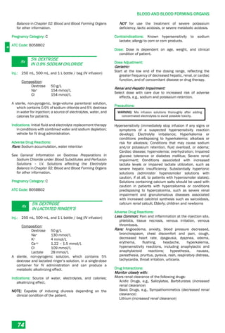 B
BLOOD AND BLOOD FORMING ORGANS
74
Balance in Chapter 02: Blood and Blood Forming Organs
for other information.
Pregnancy Category: C
ATC Code: B05BB02
Rx
5% DEXTROSE
IN 0.9% SODIUM CHLORIDE
Inj.: 250 mL, 500 mL, and 1 L bottle / bag (IV infusion)
Composition:
Dextrose 50 g/L
Na+ 154 mmol/L
Cl- 154 mmol/L
A sterile, non-pyrogenic, large-volume parenteral solution,
which contains 0.9% of sodium chloride and 5% dextrose
in water for injection; a source of electrolytes, water, and
calories for patients.
Indications: Initial fluid and electrolyte replacement therapy
in conditions with combined water and sodium depletion;
vehicle for IV drug administration.
Adverse Drug Reactions:
Rare: Sodium accumulation, water retention
See General Information on Dextrose Preparations in
Sodium Chloride under Blood Substitutes and Perfusion
Solutions – I.V. Solutions affecting the Electrolyte
Balance in Chapter 02: Blood and Blood Forming Organs
for other information.
Pregnancy Category: C
ATC Code: B05BB02
Rx
5% DEXTROSE
IN LACTATED RINGER’S
Inj.: 250 mL, 500 mL, and 1 L bottle / bag (IV infusion)
Composition:
Dextrose 50 g/L
Na+ 130 mmol/L
K+ 4 mmol/L
Ca++ 1.22 – 1.5 mmol/L
Cl- 109 mmol/L
Lactate 28 mmol/L
A sterile, non-pyrogenic solution, which contains 5%
dextrose and lactated ringer’s solution, in a single-dose
container for IV administration and can produce a
metabolic alkalinizing effect.
Indications: Source of water, electrolytes, and calories;
alkalinizing effect.
NOTE: Capable of inducing diuresis depending on the
clinical condition of the patient.
NOT for use the treatment of severe potassium
deficiency, lactic acidosis, or severe metabolic acidosis.
Contraindications: Known hypersensitivity to sodium
lactate; allergy to corn or corn products.
Dose: Dose is dependent on age, weight, and clinical
condition of patient.
Dose Adjustment:
Geriatric:
Start at the low end of the dosing range, reflecting the
greater frequency of decreased hepatic, renal, or cardiac
function, and of concomitant disease or drug therapy.
Renal and Hepatic Impairment:
Select dose with care due to increased risk of adverse
effects, e.g., sodium and potassium retention.
Precautions:
WARNING: Mix infusion solutions thoroughly after adding
concentrated electrolytes to avoid possible toxicity.
Hypersensitivity (immediately stop infusion if any signs or
symptoms of a suspected hypersensitivity reaction
develop); Electrolyte imbalance; Hyperkalemia or
conditions predisposing to hyperkalemia; alkalosis or
risk for alkalosis; Conditions that may cause sodium
and/or potassium retention, fluid overload, or edema;
Cardiac disease; hypervolemia; overhydration; Impaired
glucose tolerance or diabetes mellitus; Severe renal
impairment; Conditions associated with increased
lactate levels or impaired lactate utilization, such as
severe hepatic insufficiency; Substantially hypertonic
solutions (administer hyperosmolar solutions with
caution, if at all, to patients with hyperosmolar states);
Solutions containing calcium salts should be used with
caution in patients with hypercalcemia or conditions
predisposing to hypercalcemia, such as severe renal
impairment and granulomatous diseases associated
with increased calcitriol synthesis such as sarcoidosis,
calcium renal calculi; Elderly; children and newborns
Adverse Drug Reactions:
Less Common: Pain and inflammation at the injection site,
phlebitis, tissue necrosis, venous irritation, venous
thrombosis.
Rare: Angioedema, anxiety, blood pressure decreased,
bronchospasm, chest discomfort and pain, cough,
decreased heart rate, dysgeusia, dyspnea, edema,
erythema, flushing, headache, hyperkalemia,
hypersensitivity reactions, including anaphylactic and
anaphylactoid reactions; hypesthesia, nausea,
paresthesia, pruritus, pyrexia, rash, respiratory distress,
tachycardia, throat irritation, urticaria.
Drug Interactions:
Monitor closely with:
Alters renal clearance of the following drugs:
Acidic Drugs, e.g., Salicylates, Barbiturates (increased
renal clearance)
Basic Drugs, e.g., Sympathomimetics (decreased renal
clearance)
Lithium (increased renal clearance)
 