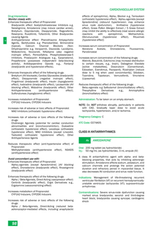 C
CARDIOVASCULAR SYSTEM
98
Drug Interactions:
Monitor closely with:
Enhances therapeutic effect of Propranolol:
Bradycardic effect: Acetylcholinesterase Inhibitors e.g.
Neostigmine, Amiodarone (may induce cardiac arrest),
Bretylium, Dipyridamole, Disopyramide, Regorafenib,
Reserpine, Ruxolitinib, Tofacitinib, Other Bradycardia-
causing Agents
Antihypertensive effect: Phenothiazine Antipsychotic
Agents, Barbiturates e.g Phenobarbital, Brimonidine
(topical), Calcium Channel Blockers (Non-
Dihydropyridine e.g. Verapamil), Diazoxide, Lacidipine,
Molsidomine, Nicorandil, Nifedipine (also negative
inotropic effect), Pentoxifylline, Phosphodiesterase-5
Inhibitors, Prostacyclin Analogues e.g., Epoprostenol,
Propafenone (possesses independent beta-blocking
activity), Anilidopiperidine Opioids e.g., Fentanyl
(bradycardic and hypotensive effects),
Enhances therapeutic effect of the following drugs:
Bretylium (AV blockade), Cardiac Glycosides (bradycardic
effect), Disopyramide (negative inotropic effect),
Fingolimod (bradycardic effect), Insulin (hypoglycemic
effect), Ivabradine (bradycardic effect), Lacosamide (AV
blocking effect), Midodrine (bradycardic effect), Other
Antihypertensives (antihypertensive effect),
Sulfonylureas (hypoglycemic effect)
Increases metabolism of Propranolol:
CYP1A2 Inducers, CYP2D6 Inducers
Increases risk of adverse or toxic effects of Propranolol:
MAO Inhibitors (orthostatic hypotensive effect)
Increases risk of adverse or toxic effects of the following
drugs:
Cholinergic Agonists (potential for cardiac conduction
abnormalities and bronchoconstriction), Duloxetine
(orthostatic hypotensive effect), Levodopa (orthostatic
hypotensive effect), MAO Inhibitors [except Linezolid,
Tedizolid] (orthostatic hypotensive effect), Other
Antihypertensive Agents
Reduces therapeutic effect (anti-hypertensive effect) of
Propranolol:
Methylphenidate (antihypertensive effect), NSAIDS
(antihypertensive effect)
Avoid concomitant use with:
Enhances therapeutic effect of Propranolol:
Alpha2­agonists [except Apraclonidine] (AV blocking
effect), Dronedarone (bradycardic effect), Rivastigmine
(bradycardic effect)
Enhances therapeutic effect of the following drugs:
Alpha / Beta-Agonists, Direct-Acting (vasopressor effect)
Ceritinib (bradycardic effect), Ergot Derivatives e.g.,
Ergotamine (vasoconstricting effect)
Increases metabolism of Propranolol:
CYP1A2 Inducers, CYP2D6 Inducers
Increases risk of adverse or toxic effects of the following
drugs:
Alpha / Beta-Agonists, Direct-Acting (reduced beta-
adrenoceptor-mediated effects, including anaphylactic
effects of epinephrine), Alpha1 Blocker e.g. Tamsulosin
(orthostatic hypotensive effect), Alpha2­agonists [except
Apraclonidine] (rebound hypertension; may enhance
sinus node dysfunction), Amifostine (hypotensive
effect), Grass Pollen Allergen Extract / 5 Grass Extract
(may inhibit the ability to effectively treat severe allergic
reactions with epinephrine), Methacholine,
Obinutuzumab (hypotensive effect), Rituximab
(hypotensive effect)
Increases serum concentration of Propranolol:
Abiratone Acetate, Dronedarone, Fluvoxamine,
Panobinostat
Increases serum concentration of the following drugs:
Afatinib, Bosutinib, Colchicine (may increase distribution
to certain tissues, e.g., brain), Dabagitran Etexilate
[active metabolites], Doxorubicin (Conventional),
Edoxaban, Everolimus, Pazopanib, Rizatriptan [reduce
dose to 5 mg when used concomitantly], Silodosin,
Tizanidine, Topotecan, Vemurafenib, Vincristine
(Liposomal)
Reduces therapeutic effect of the following drugs:
Beta2­agonists e.g Salbutamol (bronchodilatory effect),
Theophylline Derivatives e.g., Aminophylline
(bronchodilatory effect)
Administration: To be taken on an empty stomach.
NOTE: Do NOT withdraw abruptly, particularly in patients
with CAD. Gradually taper dose to avoid acute
tachycardia, hypertension, and/or ischemia.
Pregnancy Category: C
ATC Code: C07AA05
CLASS III ANTIARRHYTHMICS
Rx AMIODARONE
Oral: 200 mg tablet (as hydrochloride)
Inj.: 50 mg/mL (as hydrochloride), 3 mL ampule (IV)
A class III antiarrhythmic agent with alpha- and beta-
blocking properties, that acts by inhibiting adrenergic
stimulation. Amiodarone affects sodium, potassium, and
calcium channels and prolongs the action potential
duration and refractory period in myocardial tissue. It
also decreases AV conduction and sinus node function.
Indications: Management of life-threatening recurrent
ventricular fibrillation (VF) or recurrent hemodynamically-
unstable ventricular tachycardia (VT); supraventricular
arrhythmias
Contraindications: Severe sinus-node dysfunction causing
marked sinus bradycardia; second- and third-degree
heart block; bradycardia causing syncope; cardiogenic
shock
 