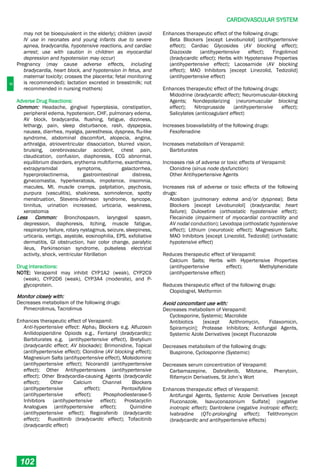 C
CARDIOVASCULAR SYSTEM
102
may not be bioequivalent in the elderly); children (avoid
IV use in neonates and young infants due to severe
apnea, bradycardia, hypotensive reactions, and cardiac
arrest; use with caution in children as myocardial
depression and hypotension may occur)
Pregnancy (may cause adverse effects, including
bradycardia, heart block, and hypotension in fetus, and
maternal toxicity; crosses the placenta; fetal monitoring
is recommended); lactation excreted in breastmilk; not
recommended in nursing mothers)
Adverse Drug Reactions:
Common: Headache, gingival hyperplasia, constipation,
peripheral edema, hypotension, CHF, pulmonary edema,
AV block, bradycardia, flushing, fatigue, dizziness,
lethargy, pain, sleep disturbance, rash, dyspepsia,
nausea, diarrhea, myalgia, paresthesia, dyspnea, flu­like
syndrome, abdominal discomfort, alopecia, angina,
arthralgia, atrioventricular dissociation, blurred vision,
bruising, cerebrovascular accident, chest pain,
claudication, confusion, diaphoresis, ECG abnormal,
equilibrium disorders, erythema multiforme, exanthema,
extrapyramidal symptoms, galactorrhea,
hyperprolactinemia, gastrointestinal distress,
gynecomastia, hyperkeratosis, impotence, insomnia,
macules, MI, muscle cramps, palpitation, psychosis,
purpura (vasculitis), shakiness, somnolence, spotty
menstruation, Stevens-Johnson syndrome, syncope,
tinnitus, urination increased, urticaria, weakness,
xerostomia
Less Common: Bronchospasm, laryngeal spasm,
depression, diaphoresis, itching, muscle fatigue,
respiratory failure, rotary nystagmus, seizure, sleepiness,
urticaria, vertigo, asystole, eosinophilia, EPS, exfoliative
dermatitis, GI obstruction, hair color change, paralytic
ileus, Parkinsonian syndrome, pulseless electrical
activity, shock, ventricular fibrillation
Drug Interactions:
NOTE: Verapamil may inhibit CYP1A2 (weak), CYP2C9
(weak), CYP2D6 (weak), CYP3A4 (moderate), and P-
glycoprotein.
Monitor closely with:
Decreases metabolism of the following drugs:
Pimecrolimus, Tacrolimus
Enhances therapeutic effect of Verapamil:
Anti-hypertensive effect: Alpha1 Blockers e.g. Alfuzosin
Anilidopiperidine Opioids e.g., Fentanyl (bradycardic);
Barbiturates e.g. (antihypertensive effect), Bretylium
(bradycardic effect; AV blockade); Brimonidine, Topical
(antihypertensive effect); Clonidine (AV blocking effect);
Magnesium Salts (antihypertensive effect), Molsidomine
(antihypertensive effect); Nicorandil (antihypertensive
effect); Other Antihypertensives (antihypertensive
effect); Other Bradycardia-causing Agents (bradycardic
effect); Other Calcium Channel Blockers
(antihypertensive effect); Pentoxifylline
(antihypertensive effect); Phosphodiesterase-5
Inhibitors (antihypertensive effect); Prostacyclin
Analogues (antihypertensive effect); Quinidine
(antihypertensive effect); Regorafenib (bradycardic
effect); Ruxolitinib (bradycardic effect); Tofacitinib
(bradycardic effect)
Enhances therapeutic effect of the following drugs:
Beta Blockers [except Levobunolol] (antihypertensive
effect); Cardiac Glycosides (AV blocking effect);
Diazoxide (antihypertensive effect); Fingolimod
(bradycardic effect); Herbs with Hypotensive Properties
(antihypertensive effect); Lacosamide (AV blocking
effect); MAO Inhibitors [except Linezolid, Tedizolid]
(antihypertensive effect)
Enhances therapeutic effect of the following drugs:
Midodrine (bradycardic effect); Neuromuscular-blocking
Agents; Nondepolarizing (neuromuscular blocking
effect); Nitroprusside (antihypertensive effect);
Salicylates (anticoagulant effect)
Increases bioavailability of the following drugs:
Fexofenadine
Increases metabolism of Verapamil:
Barbiturates
Increases risk of adverse or toxic effects of Verapamil:
Clonidine (sinus node dysfunction)
Other Antihypertensive Agents
Increases risk of adverse or toxic effects of the following
drugs:
Atosiban (pulmonary edema and/or dyspnea); Beta
Blockers [except Levobunolol] (bradycardia; heart
failure); Duloxetine (orthostatic hypotensive effect);
Flecainide (impairment of myocardial contractility and
AV nodal conduction); Levodopa (orthostatic hypotensive
effect); Lithium (neurotoxic effect); Magnesium Salts;
MAO Inhibitors [except Linezolid, Tedizolid] (orthostatic
hypotensive effect)
Reduces therapeutic effect of Verapamil:
Calcium Salts; Herbs with Hypertensive Properties
(antihypertensive effect); Methylphenidate
(antihypertensive effect)
Reduces therapeutic effect of the following drugs:
Clopidogrel, Metformin
Avoid concomitant use with:
Decreases metabolism of Verapamil:
Cyclosporine, Systemic; Macrolide
Antibiotics [except Azithromycin, Fidaxomicin,
Spiramycin]; Protease Inhibitors; Antifungal Agents,
Systemic Azole Derivatives [except Fluconazole
Decreases metabolism of the following drugs:
Buspirone, Cyclosporine (Systemic)
Decreases serum concentration of Verapamil:
Carbamazepine, Dabrafenib, Mitotane, Phenytoin,
Rifamycin Derivatives, St John’s Wort
Enhances therapeutic effect of Verapamil:
Antifungal Agents, Systemic Azole Derivatives [except
Fluconazole, Isavuconazonium Sulfate] (negative
inotropic effect); Dantrolene (negative inotropic effect);
Ivabradine (QTc-prolonging effect); Telithromycin
(bradycardic and antihypertensive effects)
 