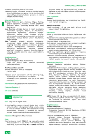 C
CARDIOVASCULAR SYSTEM
130
Increased intracranial pressure; Glaucoma
Pregnancy (limited information on use in humans; risk to
fetus should be balanced against the risk of uncontrolled
maternal hypertension); lactation (presence in milk is
possible; monitor infant).
Adverse Drug Reactions:
Common: Abdominal pain, dizziness, fatigue, flushing,
gingival hyperplasia, headache, nausea, palpitation,
peripheral edema, pulmonary edema, rash, sleep
disturbances
Less Common: Arthralgia, dryness of mouth, chest pain,
constipation, dyspepsia, dyspnea, GI disturbances,
gynecomastia, hypotension, impotence, myalgia,
paresthesia, polyuria, mood changes, pruritus,
pulmonary edema, sweating, syncope, tachycardia, taste
disturbances, tinnitus, tremor, urinary disturbances,
weight changes
Rare: Agitation, alopecia, amnesia, angioedema,
arrhythmias, ataxia, cardiac failure, cholestasis,
coughing, dermatitis, erythema multiforme, gastritis,
hepatitis, hyperglycemia, myocardial infarction,
pancreatitis, Parkinsonism, parosmia, jaundice,
peripheral neuropathy, purpura, thrombocytopenia,
twitching, vasculitis, abnormal visual accommodation,
xerophthalmia
Drug Interactions:
Monitor closely with:
Enhances therapeutic effect of Amlodipine:
Drugs that reduce blood pressure (enhanced
hypotensive effects)
Avoid concomitant use with:
Reduces therapeutic effect of Amlodipine:
Calcium Salts
Increases serum concentration of the following drugs,
increasing its risk of adverse or toxic effects:
Simvastatin [limit Simvastatin dose to 20 mg daily]
(myopathy)
Administration: May be taken with or without food.
Pregnancy Category: C
ATC Code: C08CA01
Rx FELODIPINE
Oral: 5 mg and 10 mg MR tablet
A dihydropyridine calcium channel blocker that inhibits
calcium ions from entering select voltage-sensitive areas
of vascular smooth muscle and myocardium during
depolarization, producing a relaxation of coronary
vascular smooth muscle and coronary vasodilation.
Indication: Management of hypertension
Dose:
Hypertension, by mouth, ADULT, 5 mg once daily; adjust
dose as needed at no less than 2-week intervals; usual
dose range, 5–10 once daily; ADOLESCENT and CHILD
≥6 years, initially 2.5 mg once daily; may increase as
needed at no less than 2-week intervals (maximum dose,
10 mg once daily).
Dose Adjustment:
Geriatric:
Consider lower initial doses and titrate at no less than 2-
week intervals to response.
Hepatic Impairment:
Initially administer 2.5 mg once daily. Monitor blood
pressure closely during titration.
Precautions:
Angina or myocardial infarction (reflex tachycardia may
occur)
Hypotension or syncope (symptomatic hypotension with or
without syncope rarely occur)
Peripheral edema (dose-dependent)
Aortic stenosis (may reduce coronary perfusion resulting in
ischemia); Heart failure (avoid use)
Hepatic impairment (may require lower starting dose)
Hypertrophic cardiomyopathy (reduction in afterload may
worsen symptoms associated with this condition)
Elderly (may experience a greater hypotensive response;
constipation may be more of a problem)
Pregnancy (untreated chronic maternal hypertension is
associated with adverse events in the fetus, infant, and
mother); lactation (not known if excreted in breastmilk)
Adverse Drug Reactions:
Common: Headache, peripheral edema, flushing,
tachycardia
Less Common: Abdominal pain, acid regurgitation, anemia,
angioedema, angina pectoris, anxiety disorders, arm
pain, arrhythmia, arthralgia, back pain, bronchitis, chest
pain, CHF, constipation, contusion, CVA, decreased
libido, depression, diarrhea, dizziness, dry mouth,
dyspnea, dysuria, epistaxis, erythema, facial edema,
flatulence, flu­like illness, flushing, foot pain, gingival
hyperplasia, gynecomastia, hip pain, hypotension,
impotence, influenza, insomnia, irritability, knee pain, leg
pain, leukocytoclastic vasculitis, MI, muscle cramps,
myalgia, nausea, nervousness, palpitation, paresthesia,
pharyngitis, polyuria, premature beats, respiratory
infection, sinusitis, somnolence, syncope, urinary
frequency, urinary urgency, urticaria, visual
disturbances, vomiting
NOTE: Doses >10 mg daily are associated with greater
antihypertensive effects but also with a large increase in
the incidence of peripheral edema and other
vasodilatory adverse effects.
Drug Interactions:
Monitor closely with:
Decreases metabolism of Felodipine:
Cyclosporine (Systemic), CYP2C8 Substrates, CYP3A4
Inhibitors (Moderate)
Enhances antihypertensive effect of Felodipine:
Alfuzosin, Alpha1 Blockers, Barbiturates e.g.,
Phenobarbital, Brimonidine (Topical); Non-
Dihydropyridine Calcium Channel Blockers e.g.,
Verapamil, Diazoxide, Magnesium Salts, MAO Inhibitors
[except Linezolid, Tedizolid], Molsidomine, Nicorandil,
 