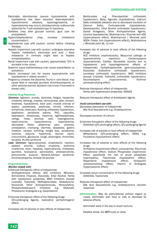 C
CARDIOVASCULAR SYSTEM
142
Electrolyte disturbances (severe hyponatremia with
hypokalemia has been reported; dose-dependent;
hypochloremic alkalosis, hypomagnesemia, or
hypercalcemia may occur); photosensitivity; sulfonamide
(potential for T-cell-mediated type IV reactions).
Diabetes (may alter glucose control); gout (can be
precipitated).
Hypercholesterolemia (may increase cholesterol
concentration).
Hypokalemia (use with caution; correct before initiating
therapy).
Hepatic impairment (use with caution; undergoes extensive
hepatic metabolism; electrolyte and acid / base
imbalance in cirrhosis might lead to hepatic
encephalopathy).
Renal impairment (use with caution; approximately 70% is
excreted in the urine).
Systemic lupus erythematosus (can cause exacerbation or
activation).
Elderly (increased risk for severe hyponatremia with
hypokalemia in elderly women).
Pregnancy (crosses the placenta; found in cord blood; may
cause fetal or neonatal jaundice, thrombocytopenia, or
other adverse events); lactation (not known if excreted in
breast milk).
Adverse Drug Reactions:
Common: Agitation, anxiety, dizziness, fatigue, headache,
irritability, lethargy, malaise, nervousness, pain, tension,
tiredness, hypokalemia, back pain, muscle cramps or
spasm, paresthesia, weakness, rhinitis, infection,
arrhythmia, chest pain, flushing, orthostatic hypotension,
palpitation, peripheral edema, PVC, vasculitis,
depression, drowsiness, insomnia, lightheadedness,
vertigo, hives, pruritus, rash, hyperglycemia,
hyperuricemia, hypochloremia, hyponatremia,
decreased libido, abdominal pain, anorexia,
constipation, cramping, diarrhea, dyspepsia, gastric
irritation, nausea, vomiting, weight loss, xerostomia,
nocturia, polyuria, hypertonia, blurred vision,
conjunctivitis, glycosuria, cough, pharyngitis, rhinorrhea,
sinusitis, flu­like syndrome
Less Common: Agranulocytosis, anaphylactic reaction,
aplastic anemia, bullous eruptions, erythema
multiforme, fever, hepatitis, hypercalcemia, cholestatic
jaundice, leukopenia, pancreatitis, photosensitivity,
pneumonitis, purpura, Stevens-Johnson syndrome,
thrombocytopenia, torsade de pointes
Drug Interactions:
Monitor closely with:
Enhances therapeutic effect of Indapamide:
Antihypertensive effects: ACE Inhibitors, Alfuzosin,
Brimonidine [Topical], Diazoxide, Ethyl Alcohol, Herbs
with hypotensive properties, MAO Inhibitors [except
Linezolid, Tedizolid], Methylphenidate, Molsidomine,
Nicorandil, Other Antihypertensives, Pentoxifylline,
Phosphodiesterase-5 Inhibitors e.g. Sildenafil,
Prostacyclin Analogues e.g. Epoprostenol
Enhances therapeutic effect of the following drugs:
QTc-prolonging Agents, Ivabradine (arrhythmogenic
effect)
Increases risk of adverse or toxic effects of Indapamide:
Barbiturates e.g. Phenobarbital (orthostatic
hypotension), Beta2 Agonists (hypokalemia), Calcium
Salts (metabolic alkalosis due to decreased excretion of
Calcium Salts), Corticosteroids (hypokalemia),
Dexketoprofen, Ethyl Alcohol (orthostatic hypotension),
Opioid Analgesics, Other Antihypertensive Agents,
Licorice (hypokalemia), Multivitamins / Fluoride with ADE
(hypercalcemic effect), Multivitamins / Minerals [with
ADEK, Folate, Iron (hypercalcemic effect)], Multivitamins
/ Minerals [with AE, no Iron
Increases risk of adverse or toxic effects of the following
drugs:
ACE Inhibitors (nephrotoxicity), Allopurinol (allergic or
hypersensitivity reactions), Carbamazepine
(hyponatremia), Cardiac Glycosides (toxicity due to
hypokalemic and hypomagnesemic effects of
Indapamide), Cyclophosphamide (granulocytopenia),
Diazoxide, Duloxetine (orthostatic hypotension),
Levodopa (orthostatic hypotension), MAO Inhibitors
[except Linezolid, Tedizolid] (orthostatic hypotension),
Oxcarbazepine (hyponatremia), Porfimer
(photosensitizing effect)
Reduces therapeutic effect of Indapamide:
Herbs with hypertensive properties, NSAIDS
Reduces therapeutic effect of Antidiabetic Agents
Avoid concomitant use with:
Decreases absorption of Indapamide:
Bile Acid Sequestrants e.g. Cholestyramine
Decreases excretion of Lithium
Enhances therapeutic effect of the following drugs:
Dofetilide (QTc-prolonging effect), QTc-prolonging Agents
Increases risk of adverse or toxic effects of Indapamide:
Mifepristone (QTc-prolonging effect), SSRIs e.g.
Fluoxetine (hyponatremic effect)
Increases risk of adverse or toxic effects of the following
drugs:
Amifostine (hypotensive effect), Levosulpiride, Rituximab
(hypotensive effect), Sodium Phosphates (nephrotoxic
effect, specifically the risk of acute phosphate
nephropathy), Topiramate (hypokalemic effect),
Risperidone (hypotensive effect), Verteporfin
(photosensitizing effect), Vitamin D Analogues
(hypercalcemic effect)
Increases serum concentration of the following drugs:
Dofetilide, Topiramate
Reduces therapeutic effect of Indapamide:
Bile Acid Sequestrants e.g. cholestyramine (diuretic
response)
Administration: May be administered without regard to
meals. Administer with food or milk to decrease GI
adverse effects.
Administer early in the day to avoid nocturia.
Swallow whole. Do NOT crush or chew.
 