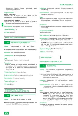 D
DERMATOLOGICALS
156
disturbance, hepatic failure (potentially fatal),
hepatobiliary dysfunction
Drug Interactions:
Monitor closely with:
Increases risk of adverse or toxic effects of Oral
Contraceptives (menstrual disturbances)
Avoid concomitant use with:
Increases risk of adverse or toxic effects of Warfarin
(increases blood creatine phosphokinase)
Administration: May be taken with or without food.
Pregnancy Category: B
ATC Code: D01AE15
EMOLLIENTS AND PROTECTIVES
OTC PETROLATUM (PETROLEUM)
Topical: USP grade jelly, 25 g, 100 g, and 200 g jar
An emollient used to soothe, smooth, and hydrate the skin.
Indications: Skin emollient; protectant
Contraindication: No information found
Dose:
Apply topically to affected area(s) as needed.
Precautions:
Do not use in eyes, on puncture wounds, animal bites, or
serious burns or for more than one week unless directed
by a doctor; Do not use in nose to avoid lipid aspiration;
Breastfeeding.
Adverse Drug Reaction: Hypersensitivity
Drug Interactions: No known significant interactions
Administration: For external use only.
Pregnancy Category: A
ATC Code: D02AX
ANTIPRURITICS, INCLUDING
ANTIHISTAMINES, ANESTHETICS, ETC.
OTC CALAMINE, PLAIN
Topical: 8% lotion, 60 mL and 120 mL bottle
A topical antipruritic substance, which contains basic zinc
oxide with about 0.5% colored ferric oxide.
Indications: Symptomatic treatment of mild pruritus and
insect stings
Contraindication: Avoid application prior to x-ray (zinc oxide
may affect outcomes)
Dose:
Mild pruritus, ADULT and CHILD, apply liberally to the entire
affected area 3–4 times daily, or as often as needed.
Precautions:
If condition worsens or if rash develops, stop the medication
immediately.
Adverse Drug Reactions:
Rare: Irritation, rash
Drug Interactions: No known significant interactions
Administration: Shake well prior to use. Apply gently with a
pad of cotton wool to the affected parts as required.
Do NOT use on open wounds or burns. Avoid contact with
the eyes and the mucous membranes of the mouth,
nose, and anogenital area.
Pregnancy Category: No information found
ATC Code: Not available
ANTIPSORIATICS
ANTIPSORIATICS FOR TOPICAL USE
Rx CALCIPOTRIOL
Topical: 50 micrograms per g ointment, 30 g tube or
bottle
A synthetic vitamin D3 derivative that binds to vitamin D
receptors to induce differentiation and suppress
proliferation of keratocytes.
Indication: Management of mild-to-moderate plaque
psoriasis
Contraindications: Severe renal or hepatic impairment;
Hypercalcemia; Calcium metabolism disorder; Acute
psoriatic eruptions
Dose:
Mild-to-moderate plaque psoriasis, by topical application,
ADULT, apply a thin layer and rub in gently and
completely to the affected area 1–2 times daily
(maximum, 100 g per week); CHILD >12 years, apply
2 times daily (maximum, 75 g per week); CHILD 6-12
years, apply 2 times daily (maximum, 50 g per week).
Precautions:
Erythrodermic exfoliative psoriasis; Generalized pustular
psoriasis; Lactation.
 