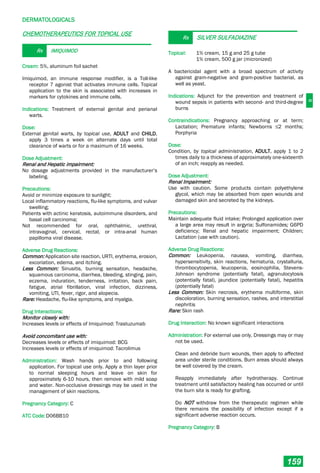 D
DERMATOLOGICALS
159
CHEMOTHERAPEUTICS FOR TOPICAL USE
Rx IMIQUIMOD
Cream: 5%, aluminum foil sachet
Imiquimod, an immune response modifier, is a Toll-like
receptor 7 agonist that activates immune cells. Topical
application to the skin is associated with increases in
markers for cytokines and immune cells.
Indications: Treatment of external genital and perianal
warts.
Dose:
External genital warts, by topical use, ADULT and CHILD,
apply 3 times a week on alternate days until total
clearance of warts or for a maximum of 16 weeks.
Dose Adjustment:
Renal and Hepatic impairment:
No dosage adjustments provided in the manufacturer’s
labeling.
Precautions:
Avoid or minimize exposure to sunlight;
Local inflammatory reactions, flu-like symptoms, and vulvar
swelling;
Patients with actinic keratosis, autoimmune disorders, and
basal cell carcinoma;
Not recommended for oral, ophthalmic, urethral,
intravaginal, cervical, rectal, or intra-anal human
papilloma viral disease.
Adverse Drug Reactions:
Common: Application site reaction, URTI, erythema, erosion,
excoriation, edema, and itching.
Less Common: Sinusitis, burning sensation, headache,
squamous carcinoma, diarrhea, bleeding, stinging, pain,
eczema, induration, tenderness, irritation, back pain,
fatigue, atrial fibrillation, viral infection, dizziness,
vomiting, UTI, fever, rigor, and alopecia.
Rare: Headache, flu-like symptoms, and myalgia.
Drug Interactions:
Monitor closely with:
Increases levels or effects of Imiquimod: Trastuzumab
Avoid concomitant use with:
Decreases levels or effects of imiquimod: BCG
Increases levels or effects of imiquimod: Tacrolimus
Administration: Wash hands prior to and following
application. For topical use only. Apply a thin layer prior
to normal sleeping hours and leave on skin for
approximately 6-10 hours, then remove with mild soap
and water. Non-occlusive dressings may be used in the
management of skin reactions.
Pregnancy Category: C
ATC Code:D06BB10
Rx SILVER SULFADIAZINE
Topical: 1% cream, 15 g and 25 g tube
1% cream, 500 g jar (micronized)
A bactericidal agent with a broad spectrum of activity
against gram-negative and gram-positive bacterial, as
well as yeast.
Indications: Adjunct for the prevention and treatment of
wound sepsis in patients with second- and third-degree
burns
Contraindications: Pregnancy approaching or at term;
Lactation; Premature infants; Newborns ≤2 months;
Porphyria
Dose:
Condition, by topical administration, ADULT, apply 1 to 2
times daily to a thickness of approximately one-sixteenth
of an inch; reapply as needed.
Dose Adjustment:
Renal Impairment:
Use with caution. Some products contain polyethylene
glycol, which may be absorbed from open wounds and
damaged skin and secreted by the kidneys.
Precautions:
Maintain adequate fluid intake; Prolonged application over
a large area may result in argyria; Sulfonamides; G6PD
deficiency; Renal and hepatic impairment; Children;
Lactation (use with caution).
Adverse Drug Reactions:
Common: Leukopenia, nausea, vomiting, diarrhea,
hypersensitivity, skin reactions, hematuria, crystalluria,
thrombocytopenia, leucopenia, eosinophilia, Stevens-
Johnson syndrome (potentially fatal), agranulocytosis
(potentially fatal), jaundice (potentially fatal), hepatitis
(potentially fatal)
Less Common: Skin necrosis, erythema multiforme, skin
discoloration, burning sensation, rashes, and interstitial
nephritis
Rare: Skin rash
Drug Interaction: No known significant interactions
Administration: For external use only. Dressings may or may
not be used.
Clean and debride burn wounds, then apply to affected
area under sterile conditions. Burn areas should always
be well covered by the cream.
Reapply immediately after hydrotherapy. Continue
treatment until satisfactory healing has occurred or until
the burn site is ready for grafting.
Do NOT withdraw from the therapeutic regimen while
there remains the possibility of infection except if a
significant adverse reaction occurs.
Pregnancy Category: B
 