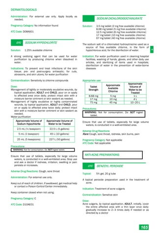 D
DERMATOLOGICALS
165
Administration: For external use only. Apply locally as
needed.
Pregnancy Category: No information found
ATC Code: D08AX01
OTC SODIUM HYPOCHLORITE
Solution: 1.25% available chlorine
A strong oxidizing agent that can be used for water
purification by producing chlorine when dissolved in
water.
Indications: To prevent and treat infections of the skin
tissue; pre- and post-surgery antiseptic; for cuts,
abrasions, and skin ulcers; for water purification
Contraindication: Sensitivity to chlorine compounds
Dose:
Management of lightly or moderately exudative wounds, by
topical application, ADULT and CHILD, pour on or apply
to affected area once daily; protect intact skin with a
moisture barrier ointment or skin sealant as needed.
Management of highly exudative or highly contaminated
wounds, by topical application, ADULT and CHILD, pour
on or apply to affected area twice daily; protect intact
skin with a moisture barrier ointment or skin sealant as
needed.
Water purification
Approximate Volume of
Sodium Hypochlorite
Approximate Volume of
Water to be Treated
2.5 mL (½ teaspoon) 22.5 L (5 gallons)
5 mL (1 teaspoon) 45 L (10 gallons)
25 mL (5 teaspoons) 227 L (50 gallons)
Precautions:
WARNING: Not for consumption. Do NOT ingest tablet.
Ensure that use of tablets, especially for large volume
waters, is conducted in a well-ventilated area; Stop use
and ask a doctor if redness, irritation, swelling or pain
persists or increases.
Adverse Drug Reactions: Cough, sore throat
Administration: For external use only.
Keep out of reach of children. If swallowed, get medical help
or contact a Poison Control Center immediately.
Keep container closed when not using.
Pregnancy Category: C
ATC Code: D10AE01
SODIUM DICHLOROISOCYANURATE
Solution: 3.5 mg tablet (2 mg free available chlorine)
8.68 mg tablet (5 mg free available chlorine)
12.5 mg tablet (8 mg free available chlorine)
17 mg tablet (10 mg free available chlorine)
67 mg tablet (40 mg free available chlorine)
The sodium salt of a chlorinated hydroxytriazine used as a
source of free available chlorine, in the form of
hypochlorous acid, for the disinfection of water.
Indication: For water purification used in cleaning hospital
facilities, washing of hands, gloves, and other daily use
articles, and sterilizing of items used in hospitals;
disinfection of water in the prevention of water-borne
diseases
Appropriate use:
Tablet
Strength
Approximate
Available
Chlorine
Approximate
Volume of
Water to be
Treated
8.68 mg 5 mg 1 L
17 mg 10 mg 4 L
75 mg 45 mg 10–20 L
Precautions:
WARNING: Not for consumption. Do NOT ingest
tablet.
Ensure that use of tablets, especially for large volume
waters, is conducted in a well-ventilated area.
Adverse Drug Reactions:
Rare: Cough, sore throat, redness, skin burns, pain
Pregnancy Category: Not applicable
ATC Code: Not applicable
ANTI-ACNE PREPARATIONS
OTC BENZOYL PEROXIDE
Topical: 5% gel, 20 g tube
A topical peroxide preparation used in the treatment of
acne.
Indication: Treatment of acne vulgaris
Contraindication: Sensitive skin
Dose:
Acne vulgaris, by topical application, ADULT, initially, cover
the entire affected area with a thin layer once daily;
gradually increase to 2–3 times daily if needed or as
directed by a doctor
 