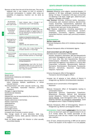 G
GENITO URINARY SYSTEM AND SEX HORMONES
174
Remove no later than the end of the third year. This can be
replaced with a new implant at time of removal if
continued contraception is needed, after ruling out
possibility of pregnancy. Insertion can be done as
follows:
No hormonal
contraceptives
within past month
Insert between days 1 through 5 of
menstruation, even if still bleeding
Switching from
combination
hormonal
contraceptive
Transdermal system or vaginal ring
Insert on the day of the removal of the
transdermal system or vaginal ring or on
the day following the transdermal-free or
ring-free interval
Switching from a
progestin-only
contraceptive
Implant or intrauterine device (IUD)
Insert on same day as removal of implant
or IUD
Injection
Insert on day next injection is due
First trimester
abortion or
miscarriage
Insert within first 5 days following first
trimester abortion or miscarriage.
Second trimester
abortion or
miscarriage
Insert between 21 and 28 days following
second trimester abortion or miscarriage.
Postpartum
If not breast-feeding, insert between 21 to
28 days postpartum.
If breast-feeding, insert after the fourth
post-partum week and use a second non-
hormonal form of contraception for the
first 7 days of insertion.
Precautions:
Breast cancer;
Carbohydrate intolerance and diabetes;
Ovarian cysts;
Retinal vascular thrombosis (discontinue if there is loss of
vision, proptosis, diplopia, papilledema, or retinal
vascular lesions);
Thromboembolism and other vascular events (e.g., deep
vein thrombosis, myocardial infarction, pulmonary
embolism);
Changes in vaginal bleeding;
Cardiovascular diseases;
Depression;
Disease that may be exacerbated by fluid retention;
Gallbladder disease;
Hepatic adenomas or carcinomas;
Hepatic impairment;
Hyperlipidemia;
Hypertension;
Renal impairment;
Overweight women;
Wearers of contact lens;
Increased risk of cervical or ovarian cancer;
May change results of some laboratory tests (e.g.,
coagulation factors, lipids, glucose tolerance, binding
proteins);
Does not protect against HIV infection or other sexually
transmitted disease
Adverse Drug Reactions:
Common: Headache, acne vulgaris, menstrual disease (<3
episodes or 90 days; prolonged menstrual bleeding
lasting >14 days: >5 episodes in 90 days) amenorrhea
(no bleeding in 90 days); weight gain, abdominal pain,
vaginitis, mastalgia, pharyngitis
Less Common: Dizziness, emotional lability, depression,
nervousness, pain, localized erythema, dysmenorrhea,
nausea, leukorrhea, hypersensitivity, application site
reaction, local pain, hematoma at injection site, bruising
at injection site, back pain, flu-like symptoms
Rare: Alopecia, angioedema (including exacerbation of
hereditary angioedema), cerebrovascular accident,
anaphylaxis, convulsions, migraine, hypertension,
myocardial infarction, ovarian cyst, pulmonary embolism,
seizure
Drug Interactions:
Monitor closely with:
Enhances therapeutic effect of C1 Inhibitors (thrombogenic
effect)
Reduces therapeutic effect of Antidiabetic Agents
Avoid concomitant use with drugs that
Decrease serum concentration of Etonogestrel:
Acitretin, Aprepitant, Artemether, Bile Acid Sequestrants
[administer Etonogestrel at least 1–4 hours prior to or
4–6 hours after Bile Acid Sequestrants], Bosentan,
Carbamazepine, Dabrafenib, Exenatide, Lixisenatide
[administer Etonogestrel 1 hour before or 11 hours after
Lixisenatide], Lumacaftor, Mycophenolate, Nelfinavir,
Nevirapine, Oxcarbazepine, Perampanel, Prucalopride,
Rifamycin Derivatives, Saquinavir, Sugammadex,
Telaprevir, Topiramate
Enhance therapeutic effect of Etonogestrel:
Tranexamic Acid (thrombogenic effect)
Increase risk of adverse or toxic effects of Vitamin K
Antagonists e.g. Warfarin (thromboembolic disorders)
Increases serum concentration of Etonogestrel:
Atazanavir
Reduces therapeutic effect of Etonogestrel, leading to
contraceptive failure:
Barbiturates, Efavirenz, Fosphenytoin, Griseofulvin,
Mifepristone, Phenytoin, Retinoic Acid Derivatives
[except Adapalene, Tretinoin (topical)], Ulipristal [for
uterine fibroids, avoid Etonogestrel within 12 days of
stopping Ulipristal; for emergency contraceptive, avoid
Etonogestrel within 5 days of stopping Ulipristal]
Reduces therapeutic effect of Anticoagulants, Vitamin K
Antagonists e.g. Warfarin (anticoagulant effect)
Administration: Insert implant subdermally at the inner side
of the non-dominant upper arm approximately 8–10 cm
(3–4 inches) above the medial epicondyle of the
humerus just under the skin. Implant must be palpable
after insertion.
X-ray, CT scan, ultrasound scanning, or MRI can be used to
confirm the location of the implant if it is not palpable.
 