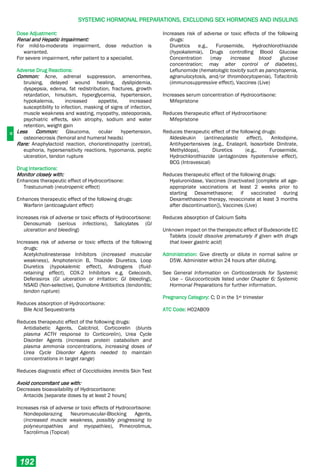 H
SYSTEMIC HORMONAL PREPARATIONS, EXCLUDING SEX HORMONES AND INSULINS
192
Dose Adjustment:
Renal and Hepatic Impairment:
For mild-to-moderate impairment, dose reduction is
warranted.
For severe impairment, refer patient to a specialist.
Adverse Drug Reactions:
Common: Acne, adrenal suppression, amenorrhea,
bruising, delayed wound healing, dyslipidemia,
dyspepsia, edema, fat redistribution, fractures, growth
retardation, hirsutism, hyperglycemia, hypertension,
hypokalemia, increased appetite, increased
susceptibility to infection, masking of signs of infection,
muscle weakness and wasting, myopathy, osteoporosis,
psychiatric effects, skin atrophy, sodium and water
retention, weight gain
Less Common: Glaucoma, ocular hypertension,
osteonecrosis (femoral and humeral heads)
Rare: Anaphylactoid reaction, chorioretinopathy (central),
euphoria, hypersensitivity reactions, hypomania, peptic
ulceration, tendon rupture
Drug Interactions:
Monitor closely with:
Enhances therapeutic effect of Hydrocortisone:
Trastuzumab (neutropenic effect)
Enhances therapeutic effect of the following drugs:
Warfarin (anticoagulant effect)
Increases risk of adverse or toxic effects of Hydrocortisone:
Denosumab (serious infections), Salicylates (GI
ulceration and bleeding)
Increases risk of adverse or toxic effects of the following
drugs:
Acetylcholinesterase Inhibitors (increased muscular
weakness), Amphotericin B, Thiazide Diuretics, Loop
Diuretics (hypokalemic effect), Androgens (fluid-
retaining effect), COX-2 Inhibitors e.g. Celecoxib,
Deferasirox (GI ulceration or irritation; GI bleeding),
NSAID (Non-selective), Quinolone Antibiotics (tendonitis;
tendon rupture)
Reduces absorption of Hydrocortisone:
Bile Acid Sequestrants
Reduces therapeutic effect of the following drugs:
Antidiabetic Agents, Calcitriol, Corticorelin (blunts
plasma ACTH response to Corticorelin), Urea Cycle
Disorder Agents (increases protein catabolism and
plasma ammonia concentrations, increasing doses of
Urea Cycle Disorder Agents needed to maintain
concentrations in target range)
Reduces diagnostic effect of Coccidioides immitis Skin Test
Avoid concomitant use with:
Decreases bioavailability of Hydrocortisone:
Antacids [separate doses by at least 2 hours]
Increases risk of adverse or toxic effects of Hydrocortisone:
Nondepolarazing Neuromuscular-Blocking Agents,
(increased muscle weakness, possibly progressing to
polyneuropathies and myopathies), Pimecrolimus,
Tacrolimus (Topical)
Increases risk of adverse or toxic effects of the following
drugs:
Diuretics e.g., Furosemide, Hydrochlorothiazide
(hypokalemia), Drugs controlling Blood Glucose
Concentration (may increase blood glucose
concentration; may alter control of diabetes),
Leflunomide (hematologic toxicity such as pancytopenia,
agranulocytosis, and/or thrombocytopenia), Tofacitinib
(immunosuppressive effect), Vaccines (Live)
Increases serum concentration of Hydrocortisone:
Mifepristone
Reduces therapeutic effect of Hydrocortisone:
Mifepristone
Reduces therapeutic effect of the following drugs:
Aldesleukin (antineoplastic effect), Amlodipine,
Antihypertensives (e.g., Enalapril, Isosorbide Dinitrate,
Methyldopa), Diuretics (e.g., Furosemide,
Hydrochlorothiazide (antagonizes hypotensive effect),
BCG (Intravesical)
Reduces therapeutic effect of the following drugs:
Hyaluronidase, Vaccines (Inactivated [complete all age-
appropriate vaccinations at least 2 weeks prior to
starting Dexamethasone; if vaccinated during
Dexamethasone therapy, revaccinate at least 3 months
after discontinuation]), Vaccines (Live)
Reduces absorption of Calcium Salts
Unknown impact on the therapeutic effect of Budesonide EC
Tablets (could dissolve prematurely if given with drugs
that lower gastric acid)
Administration: Give directly or dilute in normal saline or
D5W. Administer within 24 hours after diluting.
See General Information on Corticosteroids for Systemic
Use – Glucocorticoids listed under Chapter 6: Systemic
Hormonal Preparations for further information.
Pregnancy Category: C; D in the 1st trimester
ATC Code: H02AB09
 