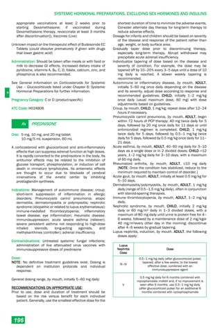 H
SYSTEMIC HORMONAL PREPARATIONS, EXCLUDING SEX HORMONES AND INSULINS
196
appropriate vaccinations at least 2 weeks prior to
starting Dexamethasone; if vaccinated during
Dexamethasone therapy, revaccinate at least 3 months
after discontinuation]), Vaccines (Live)
Unknown impact on the therapeutic effect of Budesonide EC
Tablets (could dissolve prematurely if given with drugs
that lower gastric acid)
Administration: Should be taken after meals or with food or
milk to decrease GI effects. Increased dietary intake of
pyridoxine, vitamins A, B6, C, D, folate, calcium, zinc, and
phosphorus is also recommended.
See General Information on Corticosteroids for Systemic
Use – Glucocorticoids listed under Chapter 6: Systemic
Hormonal Preparations for further information.
Pregnancy Category: C or D (product-specific)
ATC Code: H02AB06
Rx PREDNISONE
Oral: 5 mg, 10 mg, and 20 mg tablet
10 mg/5 mL suspension, 60 mL
A corticosteroid with glucocorticoid and anti-inflammatory
effects that can suppress adrenal function at high doses.
It is rapidly converted to the prednisolone in the body. Its
antitumor effects may be related to the inhibition of
glucose transport, phosphorylation, or induction of cell
death in immature lymphocytes. Its antiemetic effects
are thought to occur due to blockade of cerebral
innervations of the emetic center by inhibiting
prostaglandin synthesis.
Indications: Management of autoimmune disease; croup;
short-term suppression of inflammation in allergic
disorders; Pneumocystis carinii pneumonia; atopic
dermatitis; dermatomyositis or polymyositis; nephrotic
syndrome (idiopathic or related to lupus erythematosus);
immune-mediated thrombocytopenia; inflammatory
bowel disease; eye inflammation; rheumatic disease;
immunosuppression; acute severe asthma (reliever);
severe persistent asthma not responding to high-dose
inhaled steroids, long-acting agonists, and
methylxanthines (controller); adrenal insufficiency
Contraindications: Untreated systemic fungal infections;
administration of live attenuated virus vaccines with
immunosuppressive doses of prednisone
Dose:
NOTE: No definitive treatment guidelines exist. Dosing is
dependent on institution protocols and individual
response.
General dosing range, by mouth, initially 5–60 mg daily:
RECOMMENDATIONS ON APPROPRIATE USE:
Prior to use, dose and duration of treatment should be
based on the risk versus benefit for each individual
patient. Generally, use the smallest effective dose for the
shortest duration of time to minimize the adverse events.
Consider alternate day therapy for long-term therapy to
reduce adverse effects.
Dosage for infants and children should be based on severity
of the disease and response of the patient rather than
age, weight, or body surface area.
Gradually taper dose prior to discontinuing therapy,
especially long-term therapy. Abrupt withdrawal may
precipitate acute adrenal insufficiency.
Individualize tapering of dose based on the disease and
severity of condition. For example, the dose may be
tapered off by 10–20% every 3–5 days until a dose of 10
mg daily is reached. A slower weekly tapering is
recommended.
Autoimmune or inflammatory disease, by mouth, ADULT,
initially 5–60 mg once daily depending on the disease
and its severity, adjust dose according to response and
recommended guidelines; CHILD, initially 1–2 mg/kg
once daily (usual maximum dose, 60 mg) with dose
adjustments based on guidelines.
Croup, by mouth, CHILD, 1 mg/kg; repeat dose after 12–24
hours if necessary.
Pneumocystis carinii pneumonia, by mouth, ADULT, begin
within 72 hours of PCP therapy: 40 mg twice daily for 5
days, followed by 20 mg once daily for 11 days or until
antimicrobial regimen is completed; CHILD, 1 mg/kg
twice daily for 5 days, followed by 0.5–1 mg/kg twice
daily for 5 days, followed by 0.5 mg/kg once daily for 11–
21 days.
Acute asthma, by mouth, ADULT, 40–60 mg daily for 3–10
days as a single dose or in 2 divided doses; CHILD <12
years, 1–2 mg/kg daily for 3–10 days, with a maximum
of 60 mg daily.
Rheumatoid arthritis, by mouth, ADULT, ≤10 mg daily
[NOTE: Once the condition has stabilized, reduce to the
minimum required to maintain control of disorder.]
Acute gout, by mouth, ADULT, initially at least 0.5 mg/kg for
5–10 days.
Dermatomyositis/polymyositis, by mouth, ADULT, 1 mg/kg
daily (range of 0.5–1.5 mg/kg daily), often in conjunction
with steroid-sparing therapies.
Immune thrombocytopenia, by mouth, ADULT, 1–2 mg/kg
daily.
Nephrotic syndrome, by mouth, CHILD, initially 2 mg/kg
daily or 60 mg/m2 daily in 1–3 divided doses, with a
maximum of 80 mg daily until urine is protein free for 4–
6 weeks; followed by a maintenance dose of 2 mg/kgor
40 mg/m2every other day in the morning; discontinue
after 4–6 weeks by gradual tapering.
Lupus nephritis, induction, by mouth, ADULT, the following
doses apply:
Lupus
Nephritis
Class
Dose
III–IV
0.5–1 mg/kg daily (after glucocorticoid pulse)
tapered, after a few weeks, to the lowest
effective dose, combined with an
immunosuppressive agent
V
0.5 mg/kg daily for 6 months combined with
mycophenolate mofetil and, if no improvement is
seen after 6 months, use 0.5–1 mg/kg daily
(after glucocorticoid pulse) for an additional 6
months combined with cyclophosphamide
 