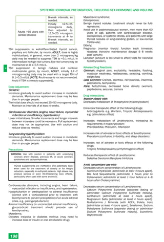 H
SYSTEMIC HORMONAL PREPARATIONS, EXCLUDING SEX HORMONES AND INSULINS
198
8-week intervals, as
needed.
Adults >50 years with
cardiac disease
Initially 12.5–25
micrograms daily,
then adjusted by
12.5–25 microgram
increments at 4- to
6-week intervals, as
needed.
TSH suppression in well-differentiated thyroid cancer,
papillary and follicular, by mouth, ADULT, dose is highly
individualized; in general, more than 2 micrograms/kg
daily may be needed to suppress TSH to <0.1 mIU/L in
intermediate- to high-risk tumors; low-risk tumors may be
maintained at 0.1–0.5 mIU/L.
TSH suppression in benign nodules and nontoxic
multinodular goiter, by mouth, ADULT, initially 1.7–2
micrograms/kg daily may be used with a target TSH of
0.1–0.3 mIU/L [NOTE: Routine use is not recommended.
Avoid if TSH is already suppressed].
Dose Adjustment:
Geriatric:
Introduce gradually to avoid sudden increase in metabolic
demands. Maintenance replacement dose may be less
than in younger people.
The initial dose should not exceed 25–50 micrograms daily.
Maintain at intervals of at least 4 weeks.
Cardiovascular disorders (angina, heart failure, myocardial
infarction or insufficiency, hypertension):
Lower initial doses. Smaller increments and longer intervals
between increases could be necessary. Full replacement
dose may not be appropriate. Use with caution and
reduce dose as needed.
Long-standing Hypothyroidism:
Introduce gradually to avoid sudden increase in metabolic
demands. Maintenance replacement dose may be less
than in younger people.
Precautions:
WARNING: Use with caution in patients with underlying
coronary artery disease, previous MI, or acute coronary
syndromes and tachyarrhythmias.
Thyroid supplements are ineffective and potentially toxic
when used for the treatment of obesity or for weight
reduction, especially in euthyroid patients. High doses may
produce serious or even life-threatening toxic effects,
particularly when used with some anorectic.
Cardiovascular disorders, including angina, heart failure,
myocardial infarction or insufficiency, and hypertension;
Hypopituitarism or predisposition to adrenal insufficiency
(correct with a corticosteroid prior to treatment with
levothyroxine to prevent precipitation of an acute adrenal
crisis, e.g., panhypopituitarism);
Adrenal insufficiency (in uncorrected adrenal insufficiency,
glucocorticoid treatment should precede use of
levothyroxine);
Myxedema;
Diabetes insipidus or diabetes mellitus (may need to
increase dose of insulin or oral antidiabetic drug);
Myasthenic syndrome;
Osteoporosis;
Benign thyroid nodules (treatment should never be fully
repressive;
Avoid use in postmenopausal women, men more than 60
years of age, patients with cardiovascular disease,
osteoporosis, or systemic illness, and patients with large
thyroid nodules or long-standing goiters, or low-normal
TSH levels);
Elderly;
Pregnancy (monitor thyroid function each trimester;
reassess thyroxine maintenance dosage 6–8 weeks
post-partum);
Lactation (amount is too small to affect tests for neonatal
hypothyroidism).
Adverse Drug Reactions:
Common: Anginal pain, excitability, headache, flushing,
muscular weakness, restlessness, sweating, vomiting,
weight loss
Less Common: Cramps, diarrhea, nervousness, insomnia,
palpitations, tachycardia
Rare: Arrhythmias, decreased bone density (women),
papilledema, seizures, tremors
Drug Interactions:
Monitor closely with:
Decreases metabolism of Theophylline (hypothyroidism)
Enhances therapeutic effect of the following drugs:
Anticoagulants e.g. Warfarin, Tricyclic Antidepressants
e.g. (stimulatory effect)
Increases metabolism of Levothyroxine, increasing its
requirements in hypothyroidism:
Phenobarbital, Phenytoin, Rifampicin
Increases risk of adverse or toxic effects of Levothyroxine:
Piracetam (confusion, irritability, and sleep disorders)
Increases risk of adverse or toxic effects of the following
drugs:
Tricyclic Antidepressants (arrhythmogenic effect)
Reduces therapeutic effect of Levothyroxine:
Selective Serotonin Reuptake Inhibitors
Avoid concomitant use with:
Decreases serum concentration of Levothyroxine:
Aluminum Hydroxide [administer at least 4 hours apart],
Bile Acid Sequestrants [administer 4 hours prior to
Colesevelam; administer at least 1 hour before or 4–6
hours after Cholestyramine]
Decreases serum concentration of Levothyroxine:
Calcium Polystyrene Sulfonate [separate dosing or
administer Calcium Polystyrene Sulfonate rectally],
Lanthanum [administer at least 2 hours apart],
Magnesium Salts [administer at least 4 hours apart],
Multivitamins / Minerals (with ADEK, Folate, Iron)
[administer at least 4 hours apart], Sevelamer, Sodium
Polystyrene Sulfonate [separate dosing or administer
Sodium Polystyrene Sulfonate rectally], Sucroferric
Oxyhydroxide
 