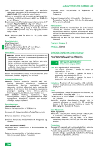 J
ANTI-INFECTIVES FOR SYSTEMIC USE
216
(HAP) Hospital-acquired pneumonia and Ventilator-
associated pneumonia (MDR pathogens), by IV infusion,
ADULT/CHILD, 300 mg/kg/day every 6 hours.
HAP with or without high risk of mortality and with or without
risk factor for MDR, by IV infusion, ADULT and CHILD, 4.5
g every 6 hours.
Empiric treatment of Ventilation-acquired pneumonia, by IV
infusion, ADULT and CHILD, 4.5 g every 6 hours.
Lower respiratory tract infection due to P. aeruginosa, by IV
infusion, ADULT, 4.5 g every 6 hours by extended
infusion; CHILD (second line), 300 mg/kg/day divided
every 6 hours.
NOTE: Maximum dose for adults is 18 g daily unless
specified
Dose Adjustment:
Renal Impairment:
CrCl 20 to 40 mL/min:
Nosocomial pneumonia: 3.375 g IV every 6 hours
Other indications: 2.25 g IV every 6 hours
Precautions:
WARNING: Serious and occasional fatal hypersensitivity
(anaphylactic) reactions for people with hypersensitivity
to multiple allergens.
Cross sensitivity reactions may happen with other
lactam antibiotics such as cephalosporins.
In case of severe, persistent diarrhea, the possibility of
antibiotic -induced pseudomembranous colitis must be
taken into consideration.
Patient with cystic fibrosis, history of seizure disorder, renal
impairment, children, pregnancy and lactation
Adverse Drug Reactions:
Common: Phlebitis, headache, insomnia, skin rash,
pruritus, electrolyte disturbance, hypokalemia,
hyperglycemia, diarrhea, constipation, nausea,
dyspepsia, vomiting, abdominal pain, eosinophilia,
positive direct Coombs test, leukopenia, neutropenia,
prolonged bleeding time, thrombocythemia,
thrombocytopenia, candidiasis, local irritation, fever
Less Common: Flushing, hypotension, rigors,
thrombophlebitis, purpura, pseudomembranous colitis,
hypoglycemia, anaphylaxis, injection site reaction,
arthralgia, myalgia, epistaxis
Drug Interactions:
Monitor closely with:
Reduces therapeutic effect of BCG Vaccine
Increases risk of adverse or toxic effects of Vancomycin
Enhances absorption of Vecuronium
Enhances therapeutic effect of Vitamin K Antagonists e.g.
Warfarin
Avoid concomitant use with:
Decreases serum concentration of Aminoglycosides e.g.
Streptomycin
Reduces therapeutic effect of the following drugs:
BCG (Intravesical), Sodium Picosulfate
Increases serum concentration of Piperacillin +
Tazobactam:
Probenecid
Reduces therapeutic effect of Piperacillin + Tazobactam:
Tetracycline, Typhoid Vaccine (Only the live attenuated
Ty21a strain is affected)
Administration:
Compatible diluents for reconstitution are 0.9% Sodium
Chloride for Injection, Sterile Water for Injection,
Bacteriostatic Water for Injection, Bacteriostatic Water
for Injection with benzyl alcohol, Bacteriostatic water for
injection with parabens.
Reconstitute vial with the right diluent. Shake well until
dissolved.
Pregnancy Category: C
ATC Code: J01CR05
OTHER BETA-LACTAM ANTIBACTERIALS
FIRST-GENERATION CEPHALOSPORINS
Rx CEFALEXIN (CEPHALEXIN)
WHO anti-biotic category: ACCESS
Oral: 500 mg capsule (as monohydrate)
100 mg/mL, granules / powder for drops (as
monohydrate), 10 mL
125 mg/5 mL granules / powder for syrup /
suspension (as monohydrate), 30 mL
250 mg/5 mL granules / powder for syrup /
suspension (as monohydrate), 60 mL
Indications: Treatment of dacryocystitis, mild methicillin
sensitive staphylococcus aureus infections, and dental
prophylaxis
Dose:
Dental prophylaxis, allergic to penicillins or ampicillin, by
mouth, CHILD, 50 mg/kg; ADULT, 2 g.
Dacryocystitis, by mouth, ADULT, 500 mg four times a day
for 7-14 days.
Methicillin sensitive staphylococcus aureus, mild to
moderate infections, by mouth, 25- 50 mg/kg/day
divided in 3-4 doses, severe infections, by mouth, 75-
100 mg/kg/day divided in 3- 4 doses
Dose Adjustment:
Renal Impairment:
Adults: CrCl 10-50mL/min, 500 mg every 8-12 hours; CrCl
< 10 mL/min, 250-500 mg every 12-24 hours
Hemodialysis patients, 250 mg every 12-24 hours;
moderately dialyzable (20-50%); give dose after dialysis
session.
Precautions:
Elevated INR especially with nutritionally-deficient patients,
prolonged treatment, hepatic or renal disease;
Penicillin allergy. Use with caution in patients with history of
penicillin allergy, especially IgE-mediated reactions (eg.
anaphylaxis, angioedema, urticaria);
 