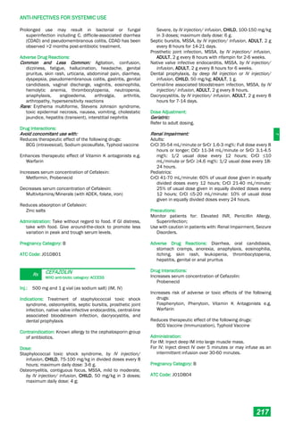 J
ANTI-INFECTIVES FOR SYSTEMIC USE
217
Prolonged use may result in bacterial or fungal
superinfection including C. difficile-associated diarrhea
(CDAD) and pseudomembranous colitis, CDAD has been
observed >2 months post-antibiotic treatment.
Adverse Drug Reactions:
Common and Less Common: Agitation, confusion,
dizziness, fatigue, hallucination, headache, genital
pruritus, skin rash, urticaria, abdominal pain, diarrhea,
dyspepsia, pseudomembranous colitis, gastritis, genital
candidiasis, vaginal discharge, vaginitis, eosinophilia,
hemolytic anemia, thrombocytopenia, neutropenia,
anaphylaxis, angioedema, arthralgia, arthritis,
arthropathy, hypersensitivity reactions
Rare: Erythema multiforme, Stevens Johnson syndrome,
toxic epidermal necrosis, nausea, vomiting, cholestatic
jaundice, hepatitis (transient), interstitial nephritis
Drug Interactions:
Avoid concomitant use with:
Reduces therapeutic effect of the following drugs:
BCG (intravesical), Sodium picosulfate, Typhoid vaccine
Enhances therapeutic effect of Vitamin K antagonists e.g.
Warfarin
Increases serum concentration of Cefalexin:
Metformin, Probenecid
Decreases serum concentration of Cefalexin:
Multivitamins/Minerals (with ADEK, folate, iron)
Reduces absorption of Cefalexin:
Zinc salts
Administration: Take without regard to food. If GI distress,
take with food. Give around­the­clock to promote less
variation in peak and trough serum levels.
Pregnancy Category: B
ATC Code: J01DB01
Rx CEFAZOLIN
WHO anti-biotic category: ACCESS
Inj.: 500 mg and 1 g vial (as sodium salt) (IM, IV)
Indications: Treatment of staphylococcal toxic shock
syndrome, osteomyelitis, septic bursitis, prosthetic joint
infection, native valve infective endocarditis, central-line
associated bloodstream infection, dacryocystitis, and
dental prophylaxis
Contraindication: Known allergy to the cephalosporin group
of antibiotics.
Dose:
Staphylococcal toxic shock syndrome, by IV injection/
infusion, CHILD, 75-100 mg/kg in divided doses every 8
hours; maximum daily dose: 3-6 g.
Osteomyelitis, contiguous focus, MSSA, mild to moderate,
by IV injection/ infusion, CHILD, 50 mg/kg in 3 doses;
maximum daily dose: 4 g;
Severe, by IV injection/ infusion, CHILD, 100-150 mg/kg
in 3 doses; maximum daily dose: 6 g.
Septic bursitis, MSSA, by IV injection/ infusion, ADULT, 2 g
every 8 hours for 14-21 days.
Prosthetic joint infection, MSSA, by IV injection/ infusion,
ADULT, 2 g every 8 hours with rifampin for 2-6 weeks.
Native valve infective endocarditis, MSSA, by IV injection/
infusion, ADULT, 2 g every 8 hours for 6 weeks.
Dental prophylaxis, by deep IM injection or IV injection/
infusion, CHILD, 50 mg/kg; ADULT, 1 g.
Central-line associated bloodstream infection, MSSA, by IV
injection/ infusion, ADULT, 2 g every 8 hours.
Dacryocystitis, by IV injection/ infusion, ADULT, 2 g every 8
hours for 7-14 days.
Dose Adjustment:
Geriatric:
Refer to adult dosing.
Renal Impairment:
Adults:
CrCl 35-54 mL/minute or SrCr 1.6-3 mg%: Full dose every 8
hours or longer; ClCr 11-34 mL/minute or SrCr 3.1-4.5
mg%: 1/2 usual dose every 12 hours; CrCl ≤10
mL/minute or SrCr ≥4.6 mg%: 1/2 usual dose every 18-
24 hours.
Pediatrics:
CrCl 41-70 mL/minute: 60% of usual dose given in equally
divided doses every 12 hours; CrCl 21-40 mL/minute:
25% of usual dose given in equally divided doses every
12 hours; CrCl ≤5-20 mL/minute: 10% of usual dose
given in equally divided doses every 24 hours.
Precautions:
Monitor patients for: Elevated INR, Penicillin Allergy,
Superinfection;
Use with caution in patients with: Renal Impairment, Seizure
Disorders.
Adverse Drug Reactions: Diarrhea, oral candidiasis,
stomach cramps, anorexia, anaphylaxis, eosinophilia,
itching, skin rash, leukopenia, thrombocytopenia,
hepatitis, genital or anal pruritus
Drug Interactions:
Increases serum concentration of Cefazolin:
Probenecid
Increases risk of adverse or toxic effects of the following
drugs:
Fosphenytoin, Phenytoin, Vitamin K Antagonists e.g.
Warfarin
Reduces therapeutic effect of the following drugs:
BCG Vaccine (Immunization), Typhoid Vaccine
Administration:
For IM: Inject deep IM into large muscle mass.
For IV: Inject direct IV over 5 minutes or may infuse as an
intermittent infusion over 30­60 minutes.
Pregnancy Category: B
ATC Code: J01DB04
 