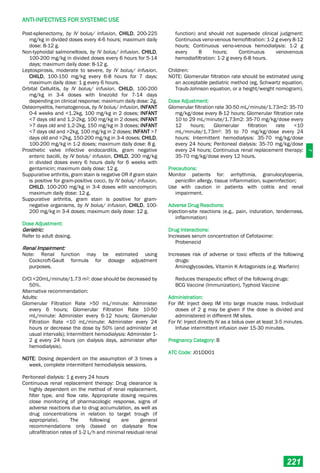 J
ANTI-INFECTIVES FOR SYSTEMIC USE
221
Post-splenectomy, by IV bolus/ infusion, CHILD, 200-225
mg/kg in divided doses every 4-6 hours; maximum daily
dose: 8-12 g.
Non-typhoidal salmonellosis, by IV bolus/ infusion, CHILD,
100-200 mg/kg in divided doses every 6 hours for 5-14
days; maximum daily dose: 8-12 g.
Leptospirosis, moderate to severe, by IV bolus/ infusion,
CHILD, 100-150 mg/kg every 6-8 hours for 7 days;
maximum daily dose: 1 g every 6 hours.
Orbital Cellulitis, by IV bolus/ infusion, CHILD, 100-200
mg/kg in 3-4 doses with linezolid for 7-14 days
depending on clinical response; maximum daily dose: 2g.
Osteomyelitis, hematogenous, by IV bolus/ infusion, INFANT
0-4 weeks and <1.2kg, 100 mg/kg in 2 doses; INFANT
<7 days old and 1.2-2kg, 100 mg/kg in 2 doses; INFANT
>7 days old and 1.2-2kg, 150 mg/kg in 3 doses; INFANT
<7 days old and >2kg, 100 mg/kg in 2 doses; INFANT >7
days old and >2kg, 150-200 mg/kg in 3-4 doses; CHILD,
100-200 mg/kg in 1-2 doses; maximum daily dose: 8 g.
Prosthetic valve infective endocarditis, gram negative
enteric bacilli, by IV bolus/ infusion, CHILD, 200 mg/kg
in divided doses every 6 hours daily for 6 weeks with
gentamicin; maximum daily dose: 12 g.
Suppurative arthritis, gram stain is negative OR if gram stain
is positive for gram-positive cocci, by IV bolus/ infusion,
CHILD, 100-200 mg/kg in 3-4 doses with vancomycin;
maximum daily dose: 12 g.
Suppurative arthritis, gram stain is positive for gram-
negative organisms, by IV bolus/ infusion, CHILD, 100-
200 mg/kg in 3-4 doses; maximum daily dose: 12 g.
Dose Adjustment:
Geriatric:
Refer to adult dosing.
Renal Impairment:
Note: Renal function may be estimated using
Cockcroft­Gault formula for dosage adjustment
purposes.
CrCl <20mL/minute/1.73 m2: dose should be decreased by
50%.
Alternative recommendation:
Adults:
Glomerular Filtration Rate >50 mL/minute: Administer
every 6 hours; Glomerular Filtration Rate 10-50
mL/minute: Administer every 6-12 hours; Glomerular
Filtration Rate <10 mL/minute: Administer every 24
hours or decrease the dose by 50% (and administer at
usual intervals); Intermittent hemodialysis: Administer 1-
2 g every 24 hours (on dialysis days, administer after
hemodialysis).
NOTE: Dosing dependent on the assumption of 3 times a
week, complete intermittent hemodialysis sessions.
Peritoneal dialysis: 1 g every 24 hours
Continuous renal replacement therapy: Drug clearance is
highly dependent on the method of renal replacement,
filter type, and flow rate. Appropriate dosing requires
close monitoring of pharmacologic response, signs of
adverse reactions due to drug accumulation, as well as
drug concentrations in relation to target trough (if
appropriate). The following are general
recommendations only (based on dialysate flow
ultrafiltration rates of 1-2 L/h and minimal residual renal
function) and should not supersede clinical judgment:
Continuous veno-venous hemofiltration: 1-2 g every 8-12
hours; Continuous veno-venous hemodialysis: 1-2 g
every 8 hours; Continuous venovenous
hemodiafiltration: 1-2 g every 6-8 hours.
Children:
NOTE: Glomerular filtration rate should be estimated using
an acceptable pediatric method (eg, Schwartz equation,
Traub­Johnson equation, or a height/weight nomogram).
Dose Adjustment:
Glomerular filtration rate 30-50 mL/minute/1.73m2: 35-70
mg/kg/dose every 8-12 hours; Glomerular filtration rate
10 to 29 mL/minute/1.73m2: 35-70 mg/kg/dose every
12 hours; Glomerular filtration rate <10
mL/minute/1.73m2: 35 to 70 mg/kg/dose every 24
hours; Intermittent hemodialysis: 35-70 mg/kg/dose
every 24 hours; Peritoneal dialysis: 35-70 mg/kg/dose
every 24 hours; Continuous renal replacement therapy:
35-70 mg/kg/dose every 12 hours.
Precautions:
Monitor patients for: arrhythmia, granulocytopenia,
penicillin allergy, tissue inflammation, superinfection;
Use with caution in patients with colitis and renal
impairment.
Adverse Drug Reactions:
Injection-site reactions (e.g., pain, induration, tenderness,
inflammation)
Drug Interactions:
Increases serum concentration of Cefotaxime:
Probenecid
Increases risk of adverse or toxic effects of the following
drugs:
Aminoglycosides, Vitamin K Antagonists (e.g. Warfarin)
Reduces therapeutic effect of the following drugs:
BCG Vaccine (Immunization), Typhoid Vaccine
Administration:
For IM: Inject deep IM into large muscle mass. Individual
doses of 2 g may be given if the dose is divided and
administered in different IM site
