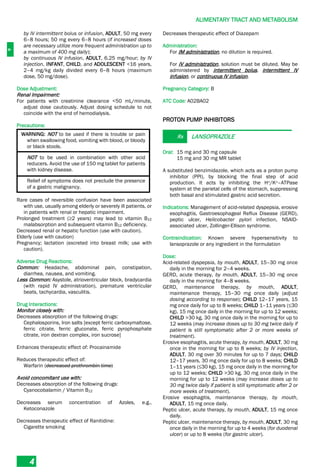 A
ALIMENTARY TRACT AND METABOLISM
4
by IV intermittent bolus or infusion, ADULT, 50 mg every
6–8 hours; 50 mg every 6–8 hours (if increased doses
are necessary utilize more frequent administration up to
a maximum of 400 mg daily);
by continuous IV infusion, ADULT, 6.25 mg/hour; by IV
injection, INFANT, CHILD, and ADOLESCENT <16 years,
2–4 mg/kg daily divided every 6–8 hours (maximum
dose, 50 mg/dose).
Dose Adjustment:
Renal Impairment:
For patients with creatinine clearance <50 mL/minute,
adjust dose cautiously. Adjust dosing schedule to not
coincide with the end of hemodialysis.
Precautions:
WARNING: NOT to be used if there is trouble or pain
when swallowing food, vomiting with blood, or bloody
or black stools.
NOT to be used in combination with other acid
reducers. Avoid the use of 150 mg tablet for patients
with kidney disease.
Relief of symptoms does not preclude the presence
of a gastric malignancy.
Rare cases of reversible confusion have been associated
with use, usually among elderly or severely ill patients, or
in patients with renal or hepatic impairment.
Prolonged treatment (≥2 years) may lead to vitamin B12
malabsorption and subsequent vitamin B12 deficiency.
Decreased renal or hepatic function (use with caution).
Elderly (use with caution)
Pregnancy; lactation (excreted into breast milk; use with
caution).
Adverse Drug Reactions:
Common: Headache, abdominal pain, constipation,
diarrhea, nausea, and vomiting.
Less Common: Asystole, atrioventricular block, bradycardia
(with rapid IV administration), premature ventricular
beats, tachycardia, vasculitis.
Drug Interactions:
Monitor closely with:
Decreases absorption of the following drugs:
Cephalosporins, Iron salts [except ferric carboxymaltose,
ferric citrate, ferric gluconate, ferric pyrophosphate
citrate, iron dextran complex, iron sucrose]
Enhances therapeutic effect of: Procainamide
Reduces therapeutic effect of:
Warfarin (decreased prothrombin time)
Avoid concomitant use with:
Decreases absorption of the following drugs:
Cyanocobalamin / Vitamin B12
Decreases serum concentration of Azoles, e.g.,
Ketoconazole
Decreases therapeutic effect of Ranitidine:
Cigarette smoking
Decreases therapeutic effect of Diazepam
Administration:
For IM administration, no dilution is required.
For IV administration, solution must be diluted. May be
administered by intermittent bolus, intermittent IV
infusion, or continuous IV infusion.
Pregnancy Category: B
ATC Code: A02BA02
PROTON PUMP INHIBITORS
Rx LANSOPRAZOLE
Oral: 15 mg and 30 mg capsule
15 mg and 30 mg MR tablet
A substituted benzimidazole, which acts as a proton pump
inhibitor (PPI), by blocking the final step of acid
production. It acts by inhibiting the H+/K+–ATPase
system at the parietal cells of the stomach, suppressing
both basal and stimulated gastric acid secretion.
Indications: Management of acid-related dyspepsia, erosive
esophagitis, Gastroesophageal Reflux Disease (GERD),
peptic ulcer, Helicobacter pylori infection, NSAID-
associated ulcer, Zollinger-Ellison syndrome.
Contraindication: Known severe hypersensitivity to
lansoprazole or any ingredient in the formulation
Dose:
Acid-related dyspepsia, by mouth, ADULT, 15–30 mg once
daily in the morning for 2–4 weeks.
GERD, acute therapy, by mouth, ADULT, 15–30 mg once
daily in the morning for 4–8 weeks.
GERD, maintenance therapy, by mouth, ADULT,
maintenance therapy, 15–30 mg once daily (adjust
dosing according to response); CHILD 12–17 years, 15
mg once daily for up to 8 weeks; CHILD 1–11 years (≤30
kg), 15 mg once daily in the morning for up to 12 weeks;
CHILD >30 kg, 30 mg once daily in the morning for up to
12 weeks (may increase doses up to 30 mg twice daily if
patient is still symptomatic after 2 or more weeks of
treatment).
Erosive esophagitis, acute therapy, by mouth, ADULT, 30 mg
once in the morning for up to 8 weeks; by IV injection,
ADULT, 30 mg over 30 minutes for up to 7 days; CHILD
12–17 years, 30 mg once daily for up to 8 weeks; CHILD
1–11 years (≤30 kg), 15 mg once daily in the morning for
up to 12 weeks; CHILD >30 kg, 30 mg once daily in the
morning for up to 12 weeks (may increase doses up to
30 mg twice daily if patient is still symptomatic after 2 or
more weeks of treatment).
Erosive esophagitis, maintenance therapy, by mouth,
ADULT, 15 mg once daily.
Peptic ulcer, acute therapy, by mouth, ADULT, 15 mg once
daily.
Peptic ulcer, maintenance therapy, by mouth, ADULT, 30 mg
once daily in the morning for up to 4 weeks (for duodenal
ulcer) or up to 8 weeks (for gastric ulcer).
 
