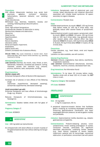 A
ALIMENTARY TRACT AND METABOLISM
10
Precautions:
CNS effects; Idiosyncratic reactions (e.g., acute toxic
psychosis, agitation, confusion, delusions,
hallucinations, paranoid behavior, and rambling
speech);
Visual disturbances;
Withdrawal (e.g., dizziness, headache, nausea, and
vomiting, following abrupt discontinuation);
Dementia;
Fever, high ambient temperature;
Cardiovascular disease; GI obstruction or atony;
Genitourinary disease and obstruction;
Glaucoma;
Hiatal hernia;
Hyperthyroidism;
Psychosis;
Seizure disorders;
Ulcerative colitis;
Renal and hepatic impairment;
Anaphylaxis;
Elderly (avoid use);
Children (increased risk of adverse effects).
SKILLED TASKS. May cause drowsiness or blurred vision. Avoid
performing tasks, which require mental alertness, e.g., operating
machinery or driving.
Adverse Drug Reactions:
Less Common: Diarrhea, dry mouth, nose, throat, or skin,
dyshidrosis, headache, increased eye pressure, itching,
mydriasis, nausea, skin reactions (e.g., urticaria,
pruritus, erythema, rash), tachycardia, vomiting.
Drug Interactions:
Monitor closely with:
Enhances therapeutic effect of Alcohol (CNS depressant)
Increases risk of adverse or toxic effects of the following
drugs:
Topiramate (hyperthermia; decreased sweating),
Zonisamide (hyperthermia; decreased sweating)
Avoid concomitant use with:
Enhances therapeutic and toxic effects of Anticholinergic
Drugs, e.g., Atropine
Reduces therapeutic of Anticholinesterases, e.g.,
Neostigmine
Administration: Swallow tablets whole with full glass of
water.
Pregnancy Category: C
ATC Code: A03BA03
Rx MEBEVERINE
Oral: 100 mg tablet (as hydrochloride)
An antispasmodic with direct effects on smooth muscles of
the gastrointestinal (GI) tract without altering normal gut
motility.
Indications: Symptomatic relief of abdominal pain and
cramps, bowel disturbances and intestinal discomfort
associated with irritable bowel syndrome; GI spasm
secondary to organic diseases.
Contraindication: Paralytic ileus
Dose:
Irritable bowel syndrome, by mouth, ADULT, 135 mg 3 times
daily before meals (or 100 mg 4 times daily), may
gradually reduce after several weeks of symptomatic
relief.
Gastrointestinal smooth muscle spasm, symptomatic relief,
by mouth, ADULT and CHILD >10 years, 135 mg 3 times
daily (or 100 mg 4 times daily), may gradually reduce
after several weeks when desired effect has been
obtained; CHILD 8-10 years, 100 mg 3 times daily; CHILD
4–8 years, 50 mg 3 times daily; CHILD 3–4 years, 25 mg
3 times daily.
Precautions:
Cardiac disorders, e.g., heart block; renal and hepatic
impairment.
Lactation (no data available, use with caution).
Adverse Drug Reactions:
Common: Urticaria, angioedema, face edema, exanthema,
anaphylactic reactions.
Less Common: Gastrointestinal disturbances, dizziness,
headache, insomnia, anorexia, decreased heart rate.
Drug Interactions: No information found
Administration: To be taken 20 minutes before meals.
Swallow whole with at least 100 mL of water. Do NOT
chew or crush.
Pregnancy Category: Not available
ATC Code: A03AA04
PROPULSIVES
Rx DOMPERIDONE
Oral: 10 mg tablet
1 mg/mL suspension, 60 mL
A peripheral dopamine-receptor blocker that facilitates
gastric emptying by increasing esophageal peristalsis,
enhancing gastroduodenal coordination and lower
esophageal sphincter pressure, as well as gastric motility
and peristalsis.
Indication: Gastrointestinal motility disorders e.g., diabetic
gastroparesis and gastritis.
Contraindications: Prolactin-releasing pituitary tumor
(prolactinoma); known existing prolongation of cardiac
conduction intervals, particularly QT; significant
electrolyte disturbances; underlying cardiac disease
(e.g., heart failure); moderate or severe hepatic
impairment; patients with GI hemorrhage, mechanical
obstruction, or perforation; concomitant use with potent
 